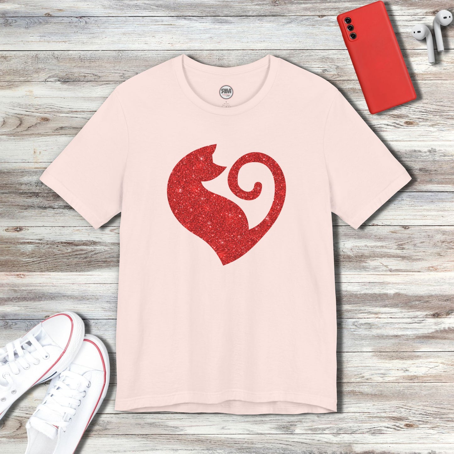 Camiseta con diseño de corazón de gato y purpurina roja