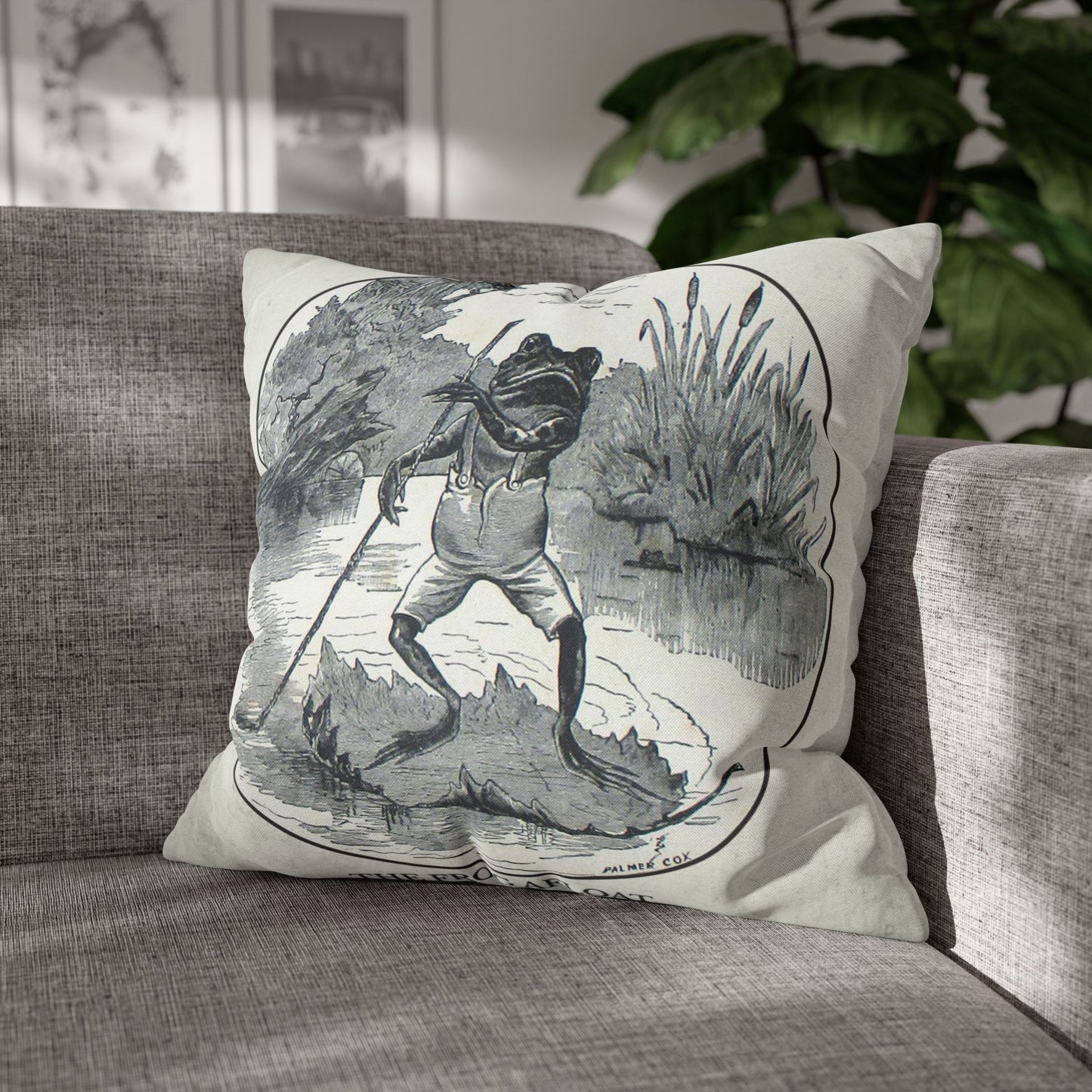 Antique vintage frog afloat cushion cover on parchment background for cottagecore home decor