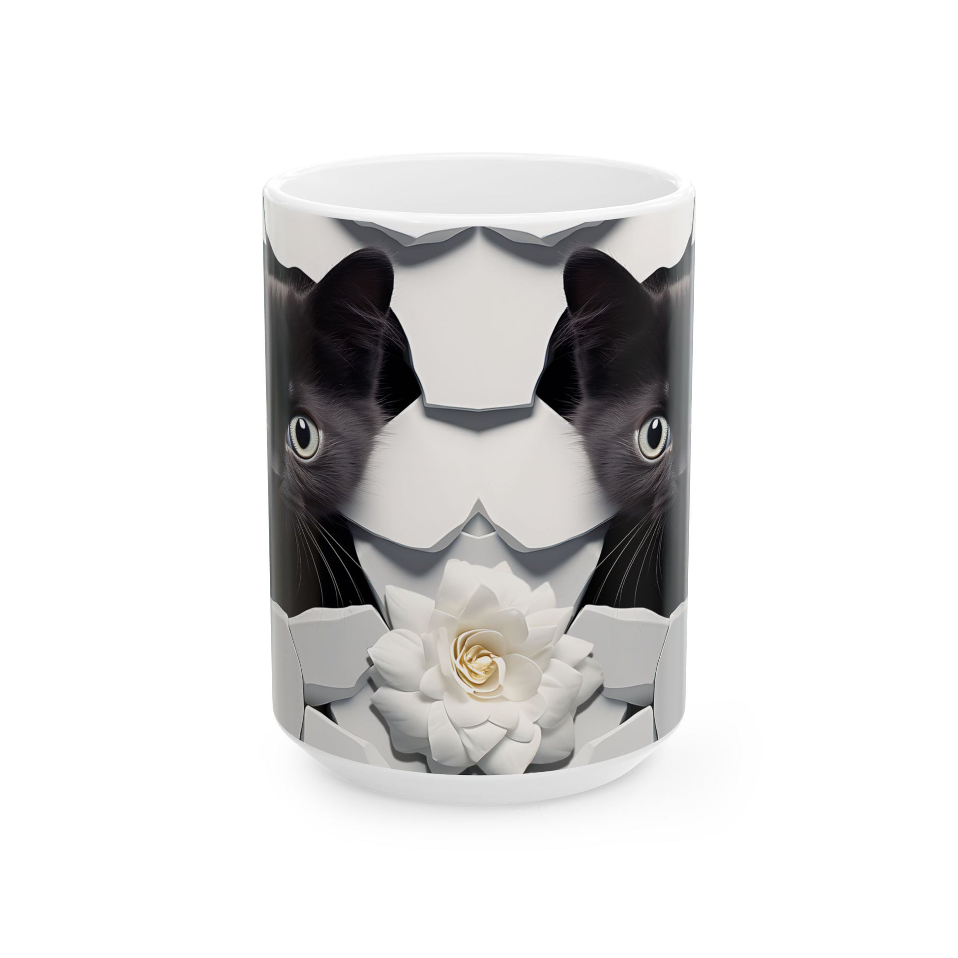 Mug with a design of a black and white cat and a flower on a white background