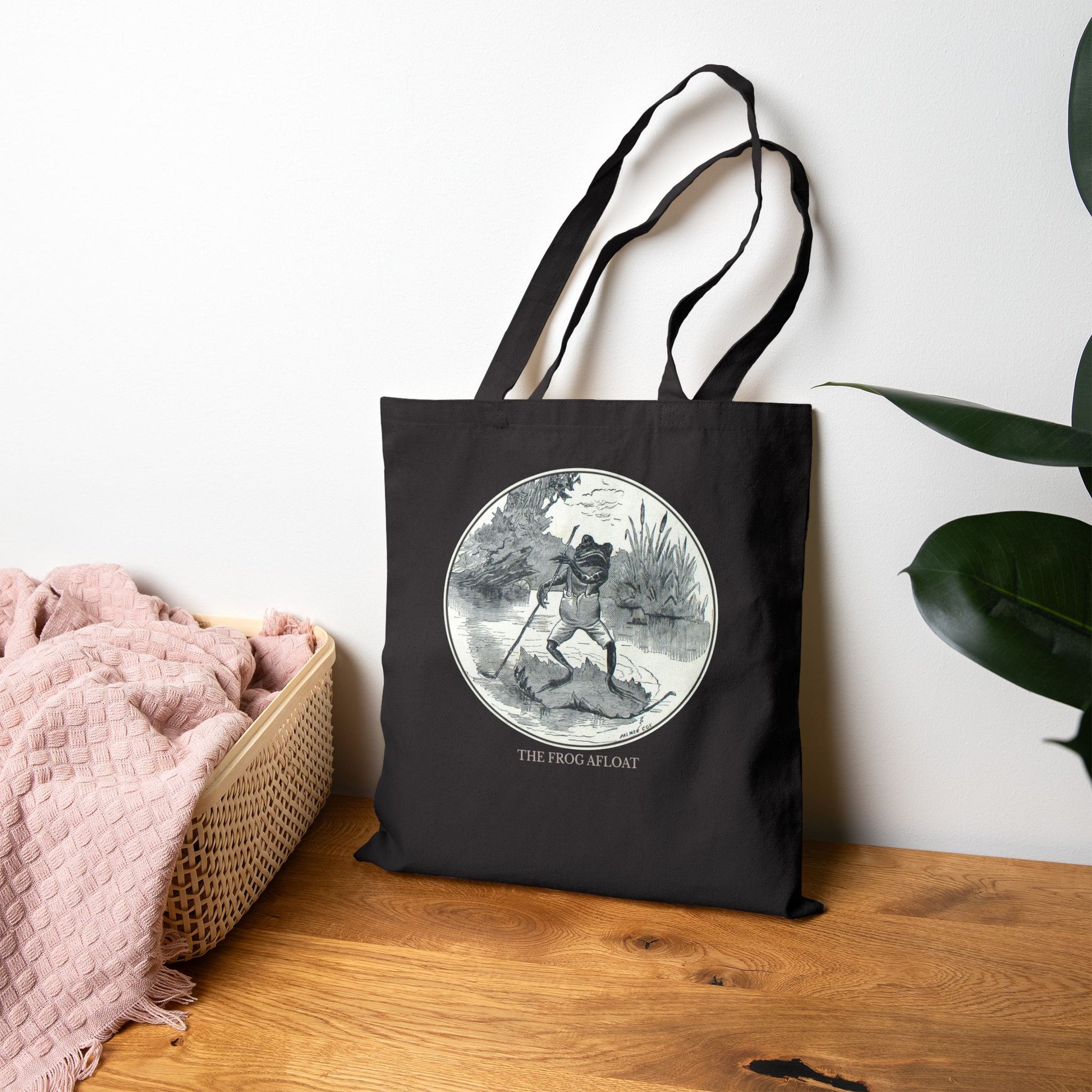 Vintage Antique The Frog Afloat Illustration Cotton Canvas Tote Bag | Black or Natural Printify