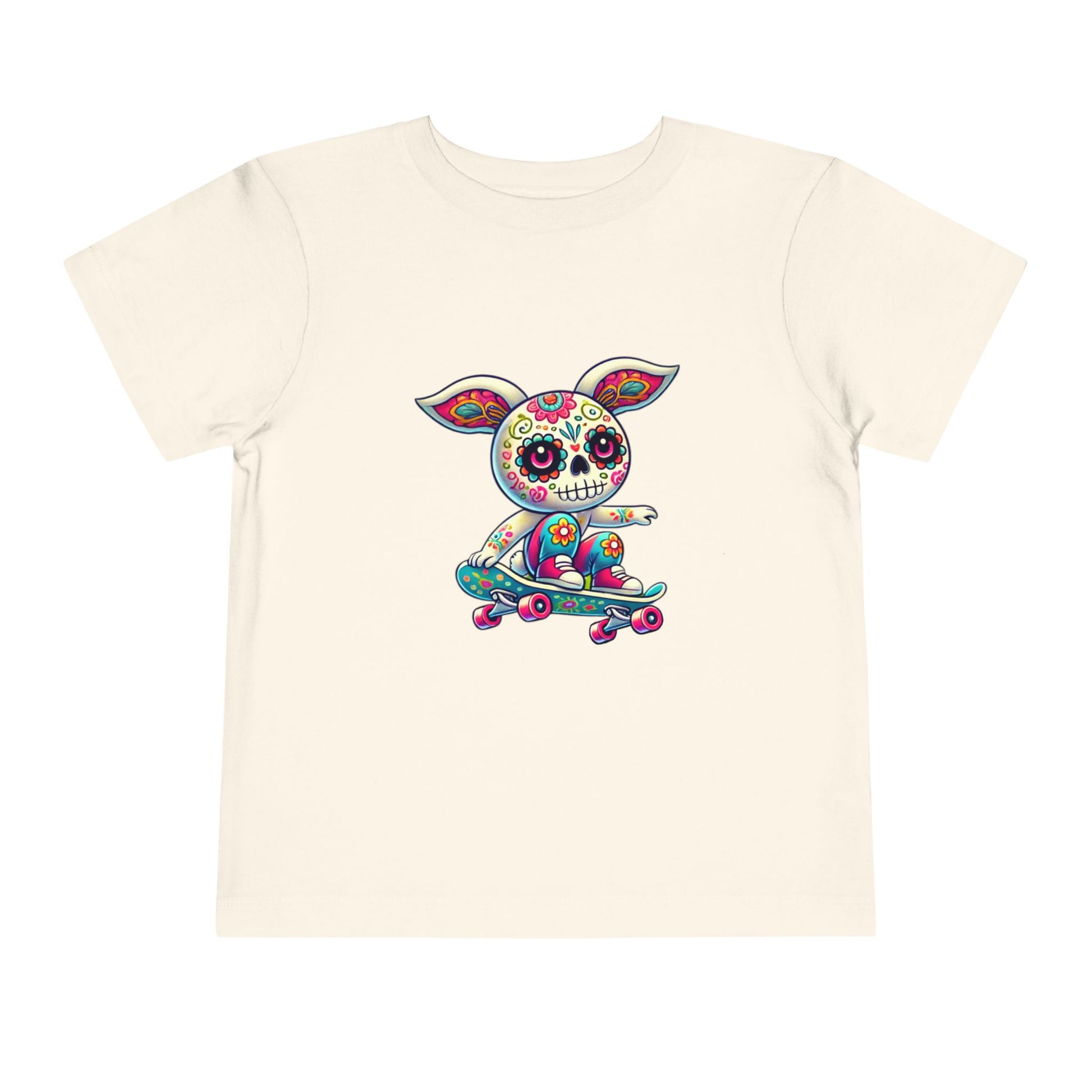 calavera sugar skull skater easter bunny rabbit on skateboard skateboarding natural color tshirt