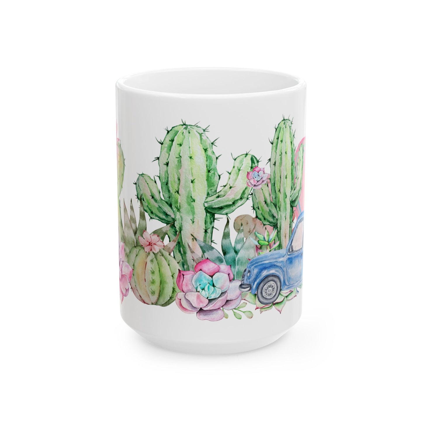 Taza de cerámica con cactus y suculentas en acuarela de 11 oz y 15 oz