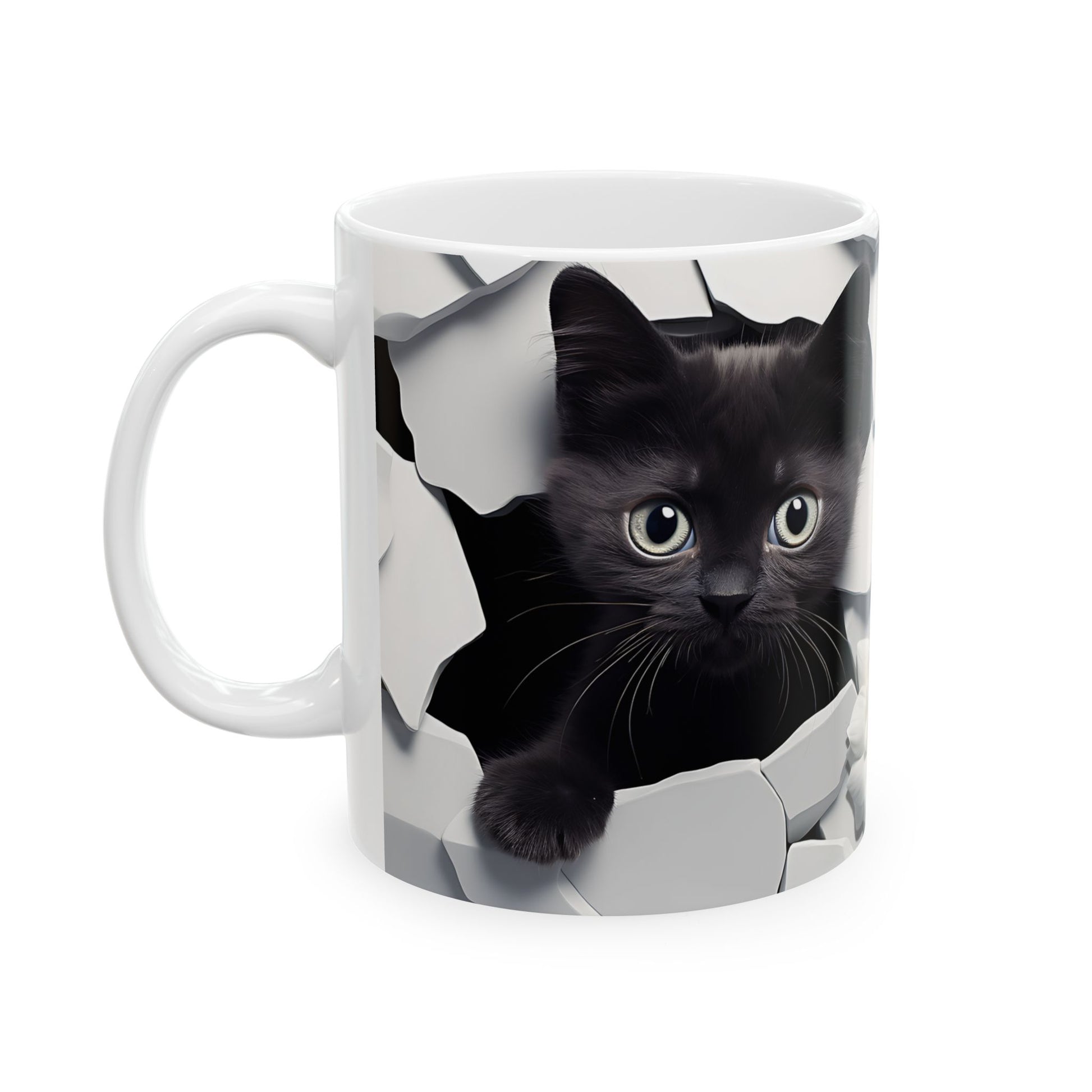 White mug with a black kitten peeking out of a cracked eggshell design on a white background