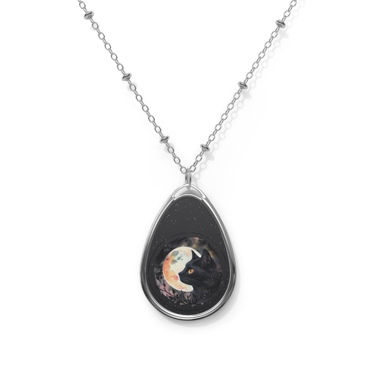 Witchy Black Cat in the Moonlight Oval Pendant Necklace