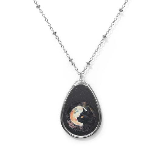 Witchy Black Cat in the Moonlight Oval Pendant Necklace