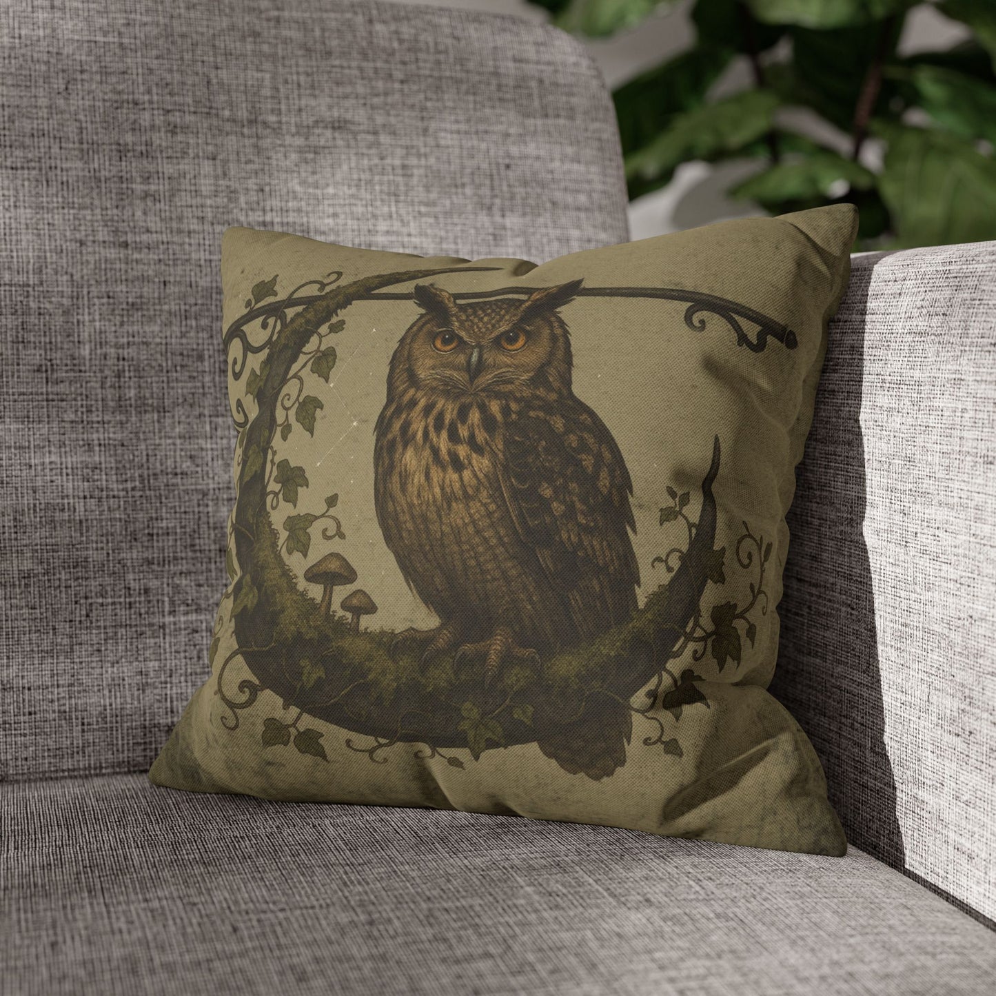 Owl cushion cover 14x14 moon crescent celestial witchy pillow
