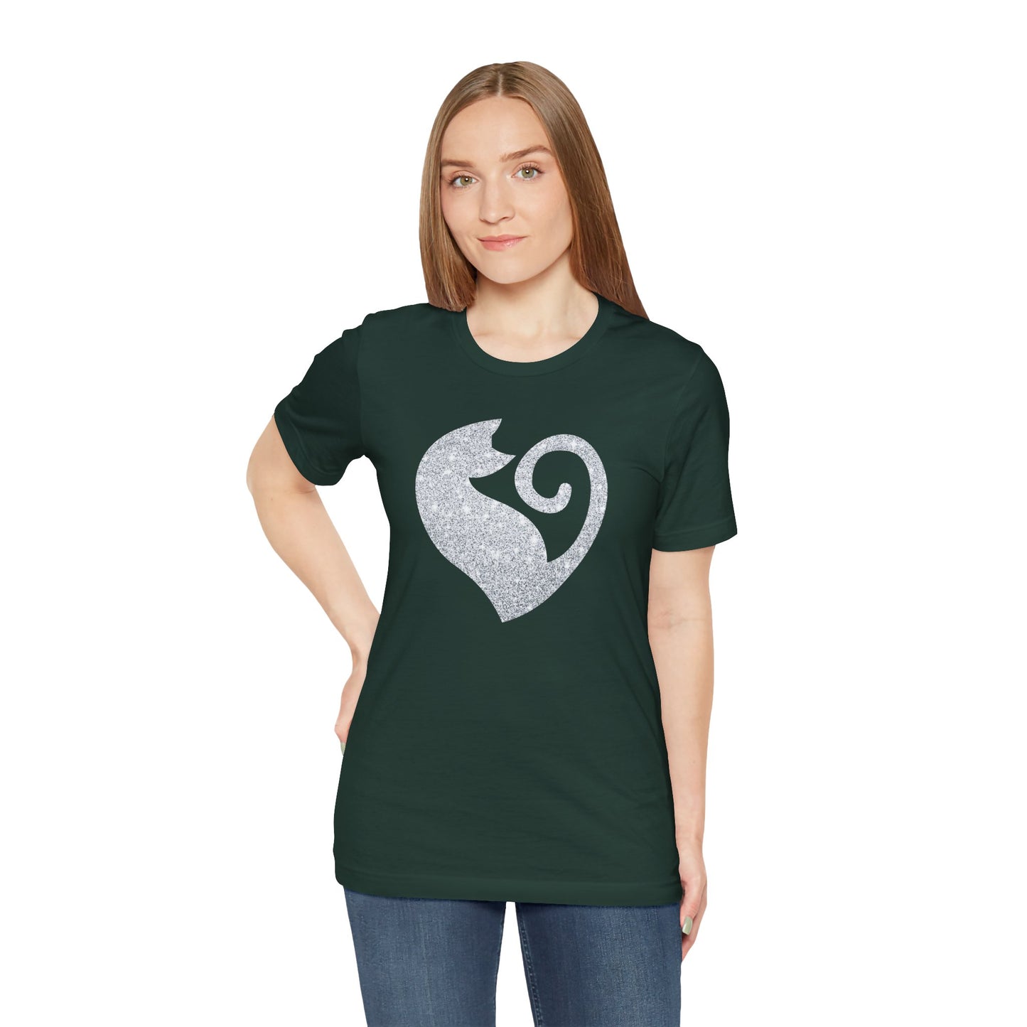 Cat Heart Silver Glitter Look Tee