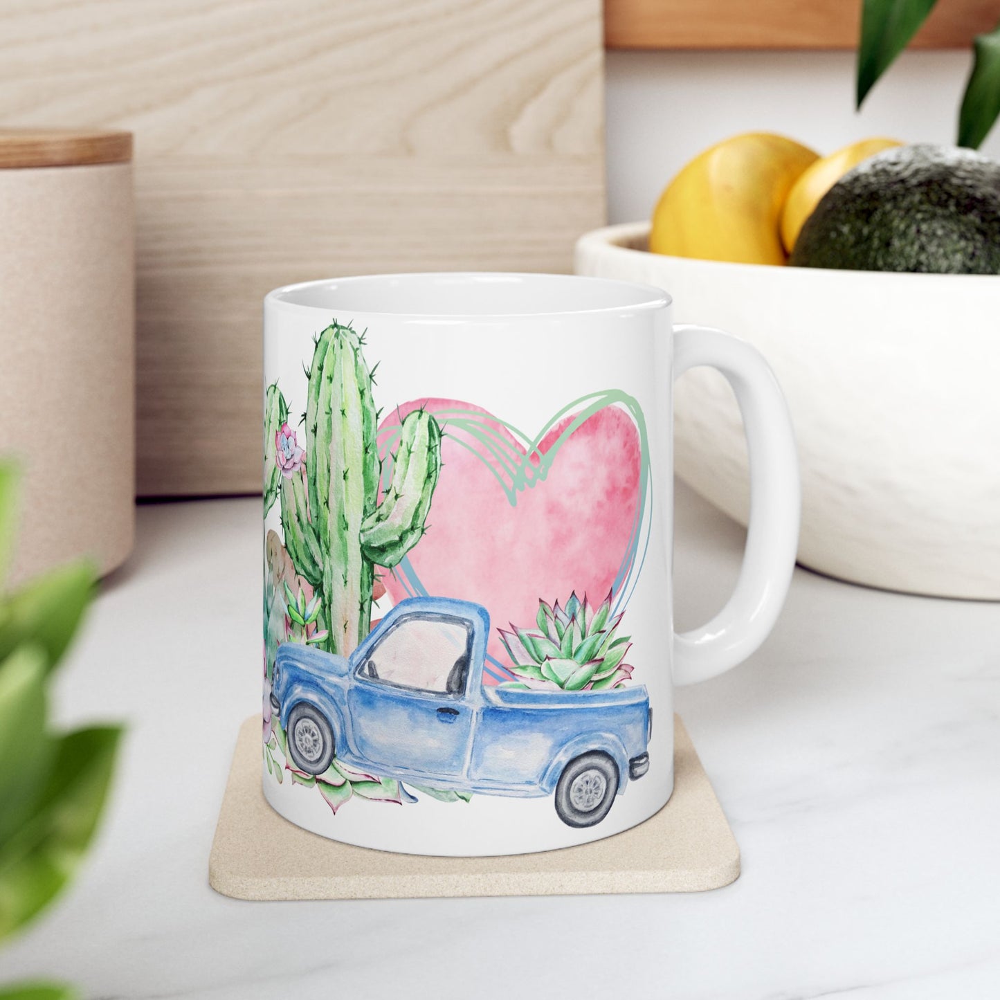 Taza de cerámica con cactus y suculentas en acuarela de 11 oz y 15 oz