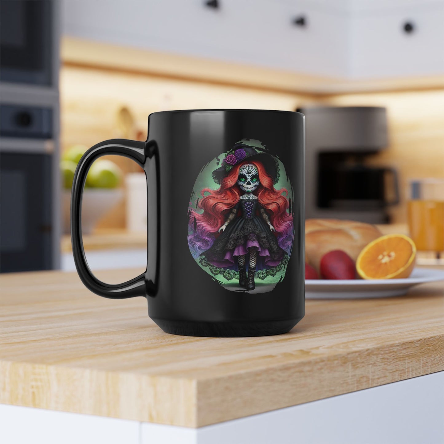 Calavera Witch Doll Sugar Skull Mug – Spooky Cute Gothic Coffee Cup Black or White