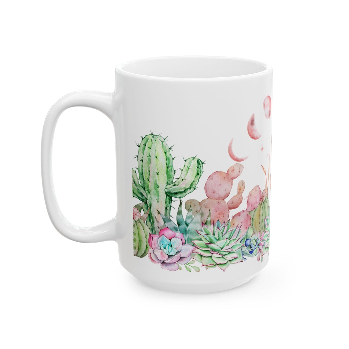 Taza de cerámica con acuarela de fases lunares, cactus y suculentas | Idea de regalo para amantes de los cactus | Idea de regalo para jardineros | Regalo para los que tienen un pulgar verde