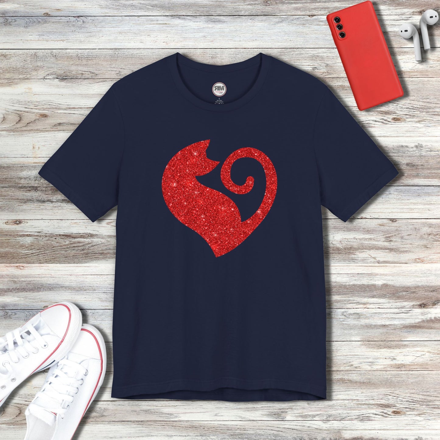 Camiseta con diseño de corazón de gato y purpurina roja