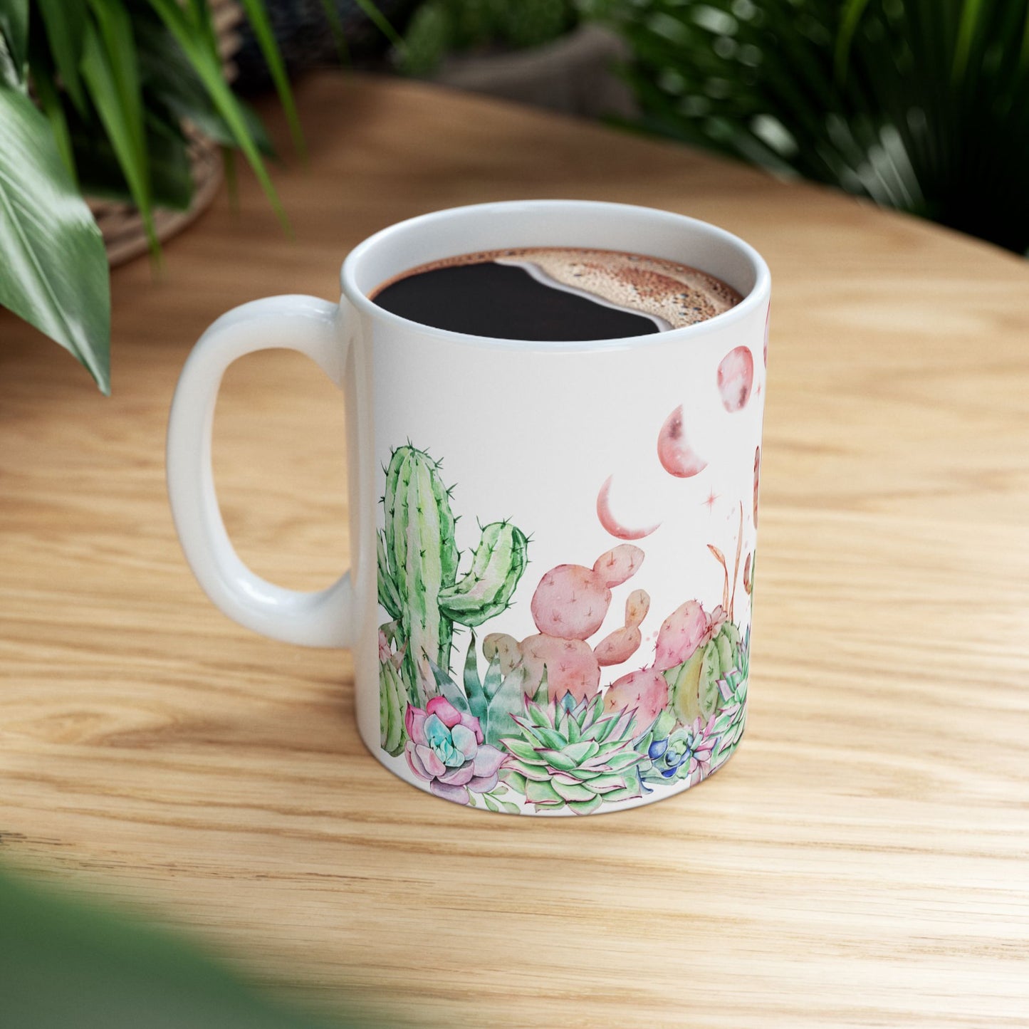 Taza de cerámica con acuarela de fases lunares, cactus y suculentas | Idea de regalo para amantes de los cactus | Idea de regalo para jardineros | Regalo para los que tienen un pulgar verde