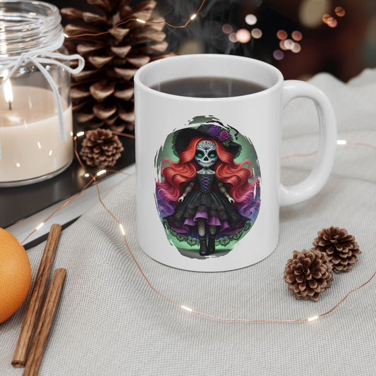 Calavera Witch Doll Sugar Skull Mug – Spooky Cute Gothic Coffee Cup Black or White