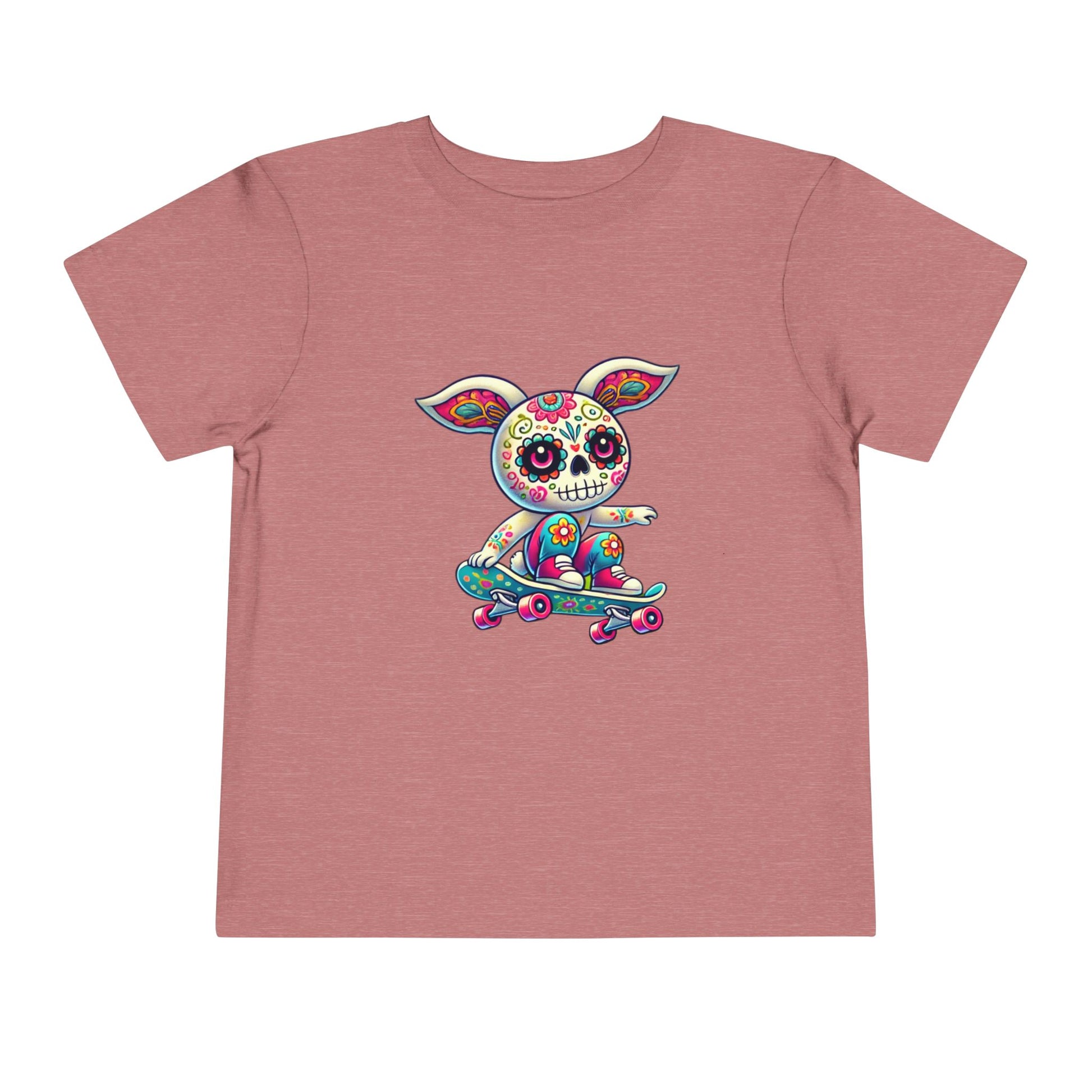 calavera sugar skull skater easter bunny rabbit on skateboard skateboarding mauve pink color tshirt
