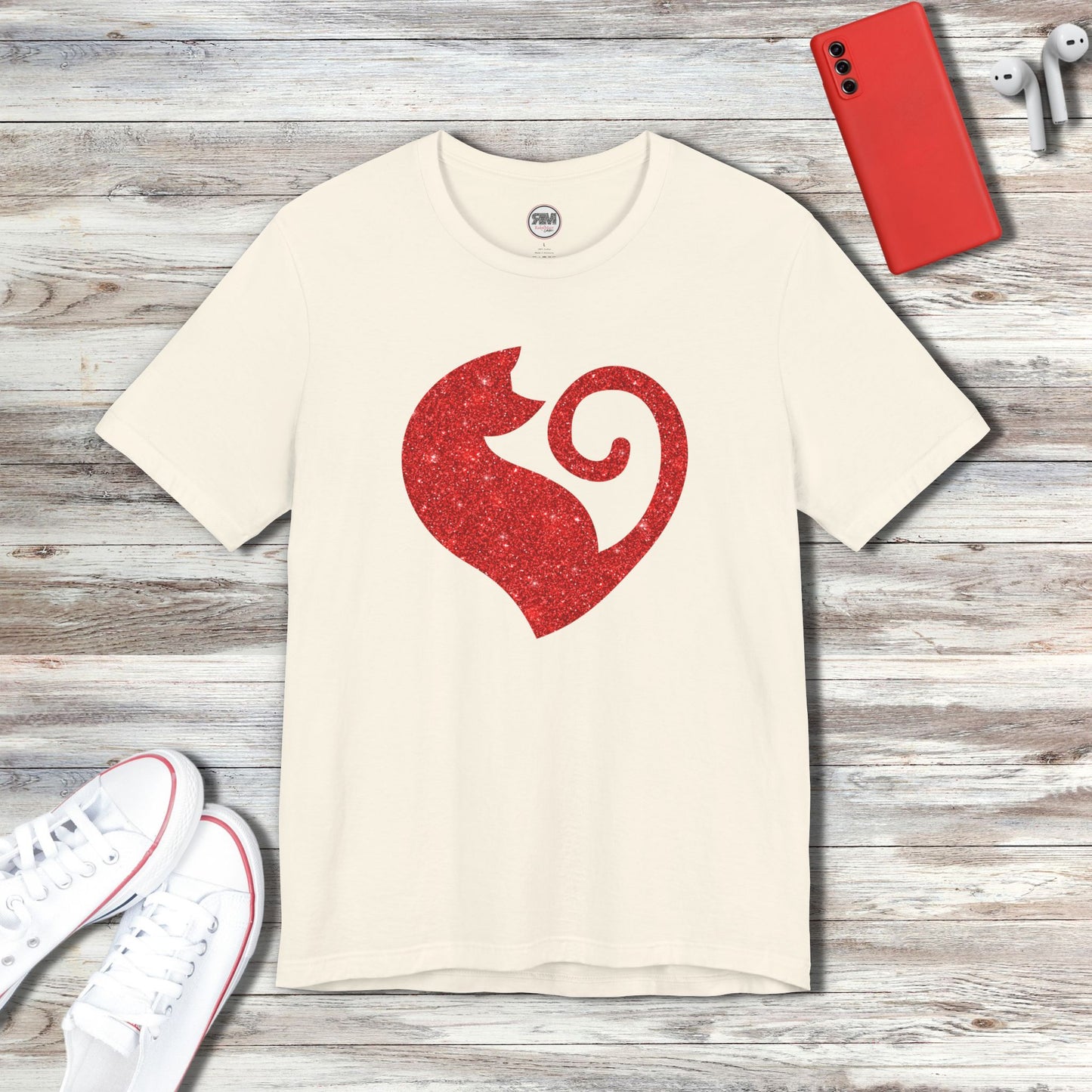 Camiseta con diseño de corazón de gato y purpurina roja