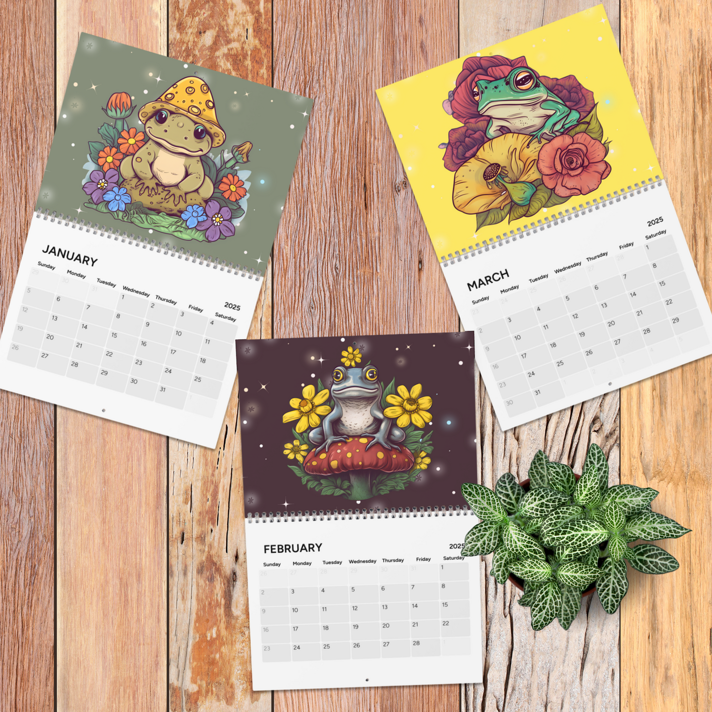 Calendario de pared de ranas y hongos venenosos 2025 para amantes de las ranas o artículos de papelería para niños