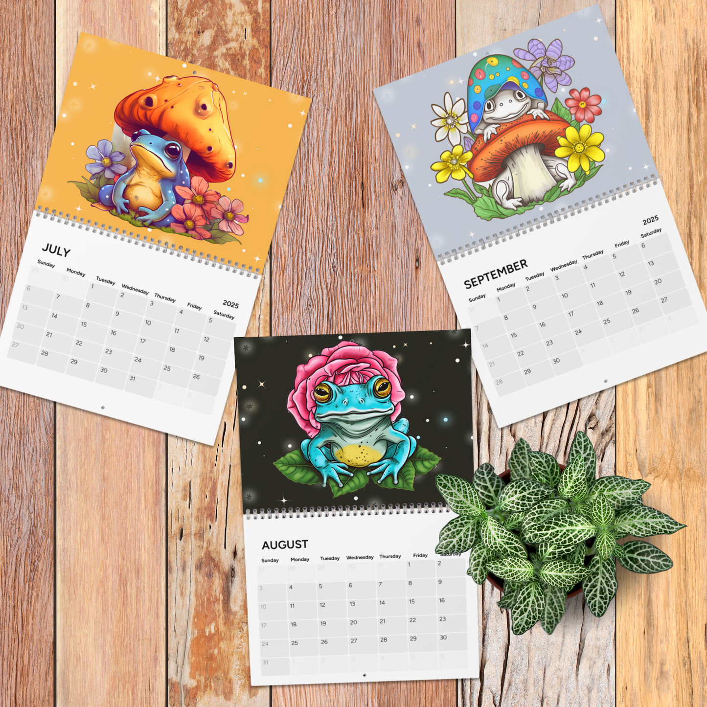 Calendario de pared de ranas y hongos venenosos 2025 para amantes de las ranas o artículos de papelería para niños