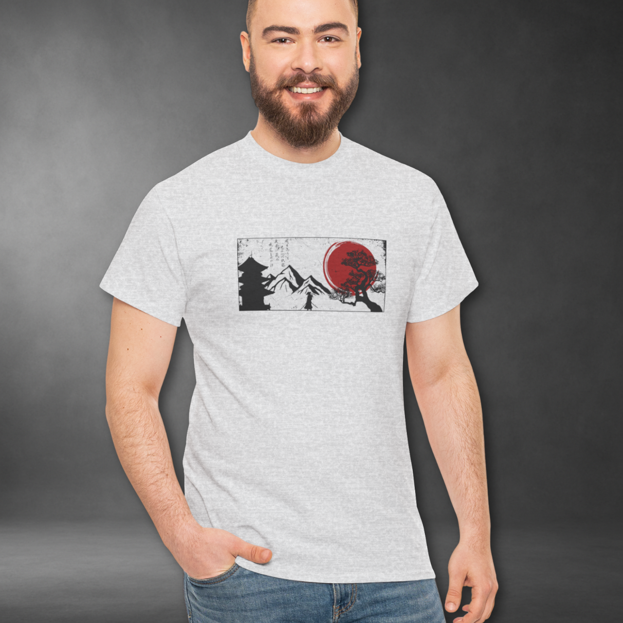 Japanese style graphic tee – samurai and bonsai design for men’s clothing
