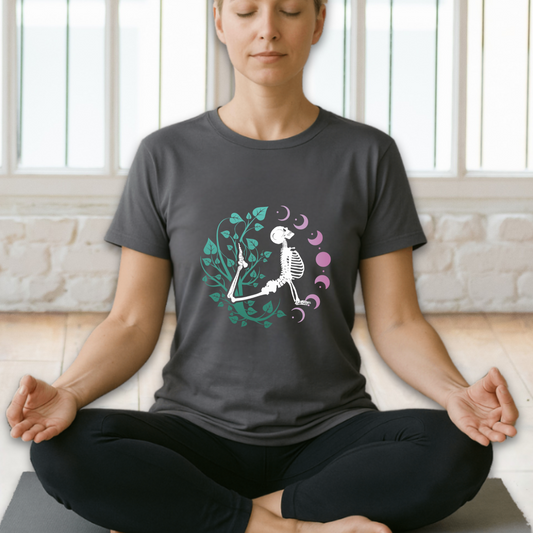 Yoga Skeleton Moon Phase T Shirt, Celestial Yoga Skeleton Tee