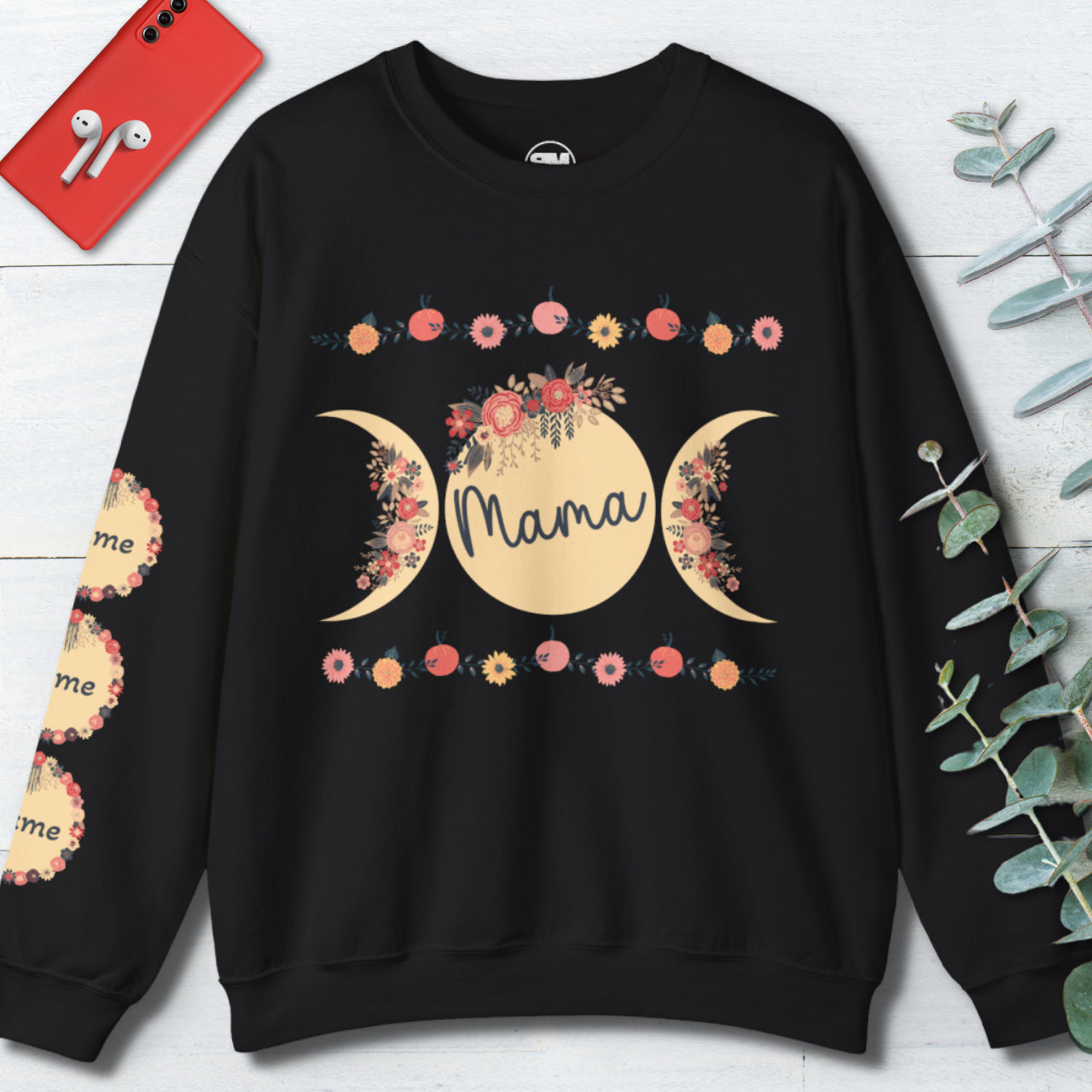 Sudadera personalizada Moon Phase Cottagecore con nombre en la manga