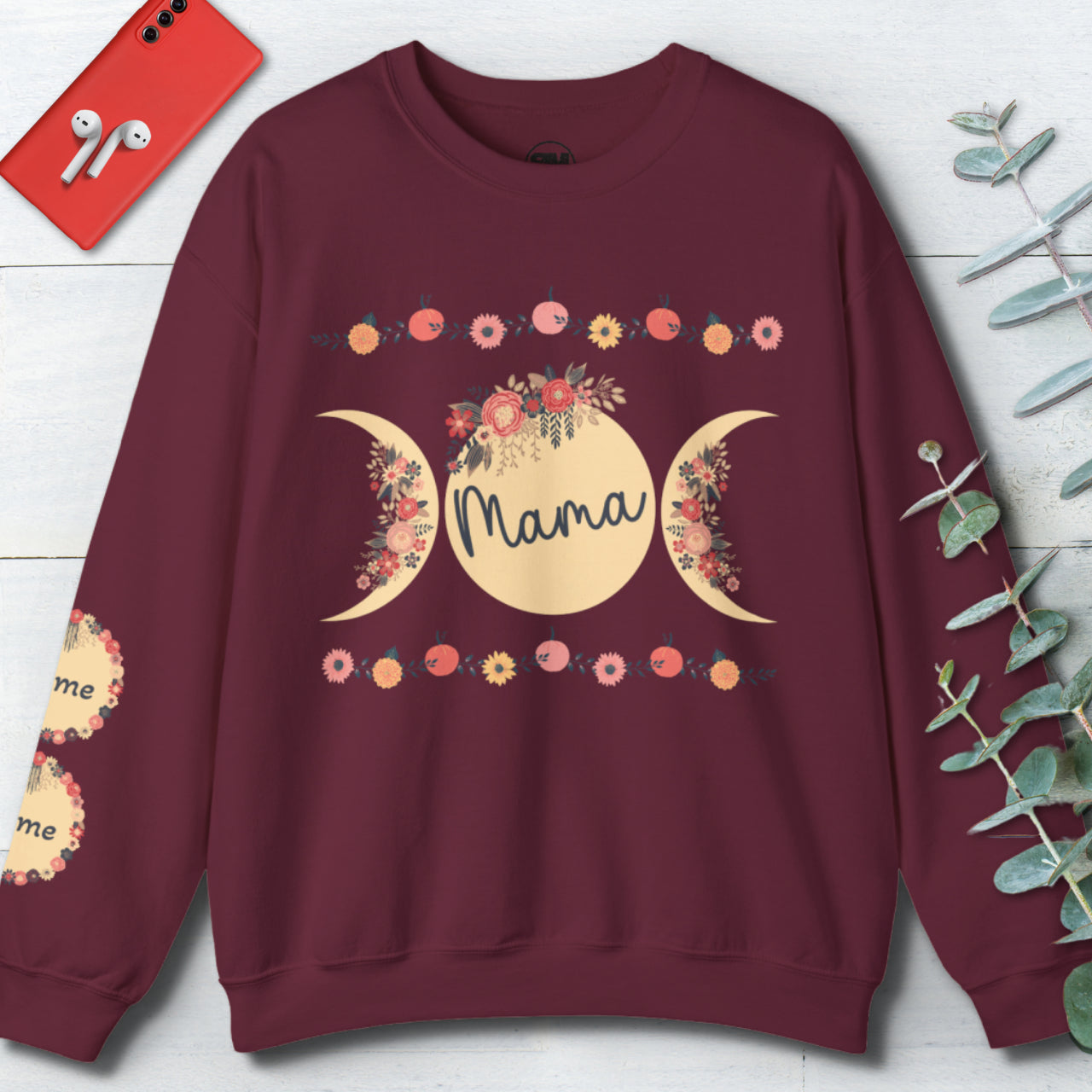 Sudadera personalizada Moon Phase Cottagecore con nombre en la manga