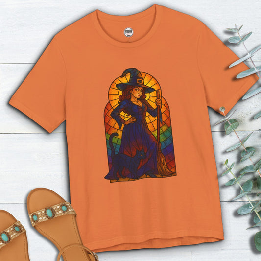 Sassy Radiant Witch T-Shirt | Stained Glass Black Cat & Broom Design