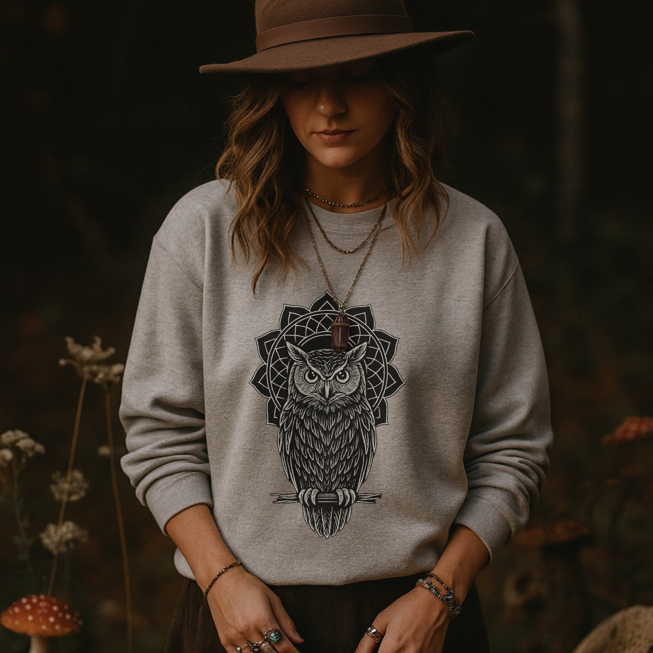 Boho Mandala Owl Sweatshirt – Mystic Line Art Owl Pullover, Witchy Bohemian Top, Spiritual Owl Graphic Jumper Printify