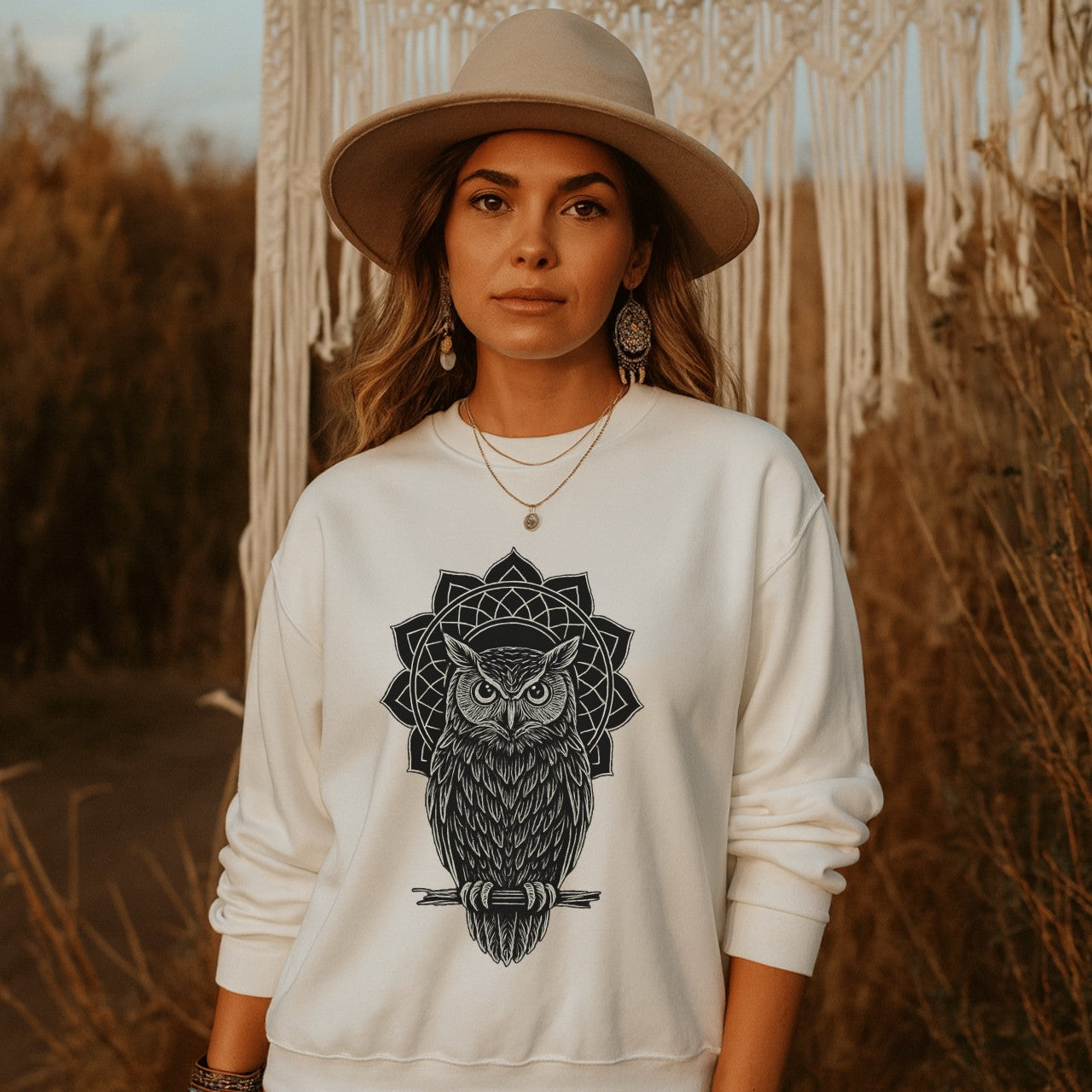 Boho Mandala Owl Sweatshirt – Mystic Line Art Owl Pullover, Witchy Bohemian Top, Spiritual Owl Graphic Jumper Printify