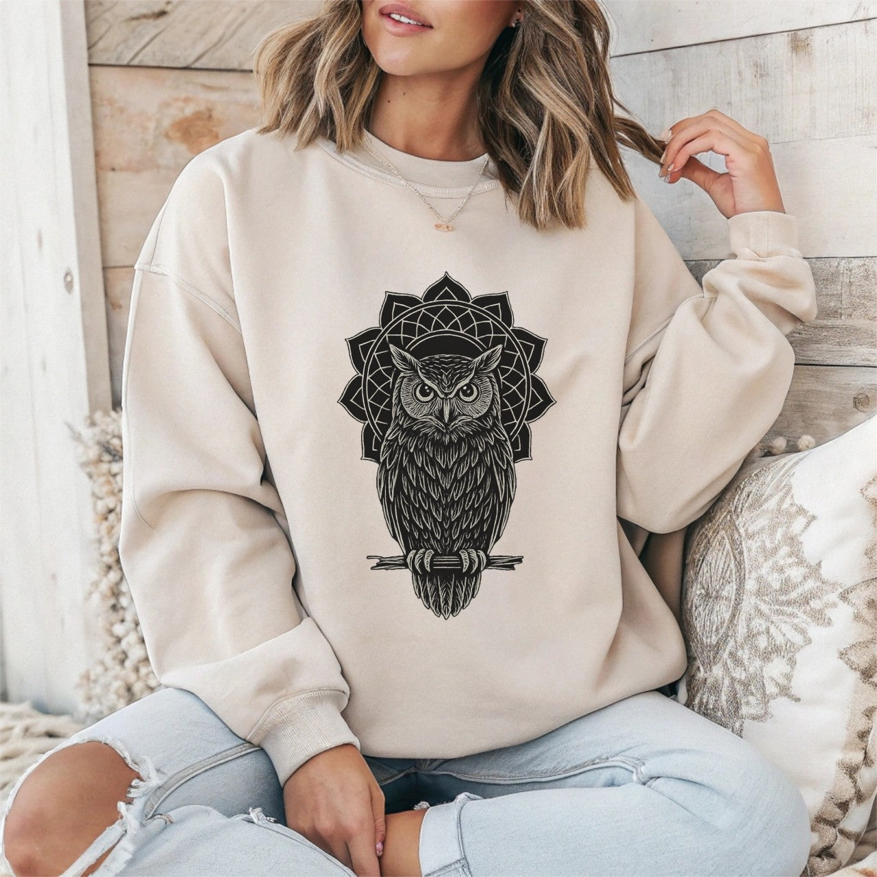Boho Mandala Owl Sweatshirt – Mystic Line Art Owl Pullover, Witchy Bohemian Top, Spiritual Owl Graphic Jumper Printify