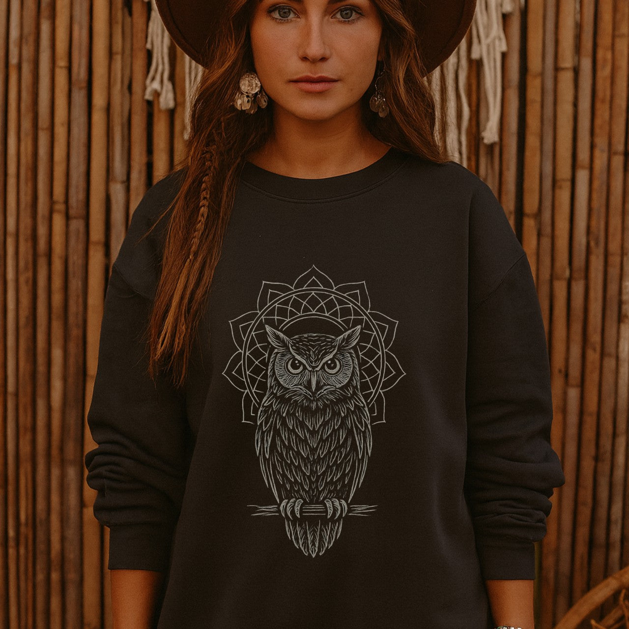 Boho Mandala Owl Sweatshirt – Mystic Line Art Owl Pullover, Witchy Bohemian Top, Spiritual Owl Graphic Jumper Printify