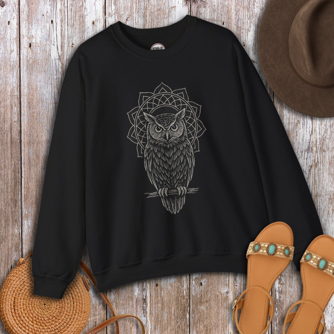 Boho Mandala Owl Sweatshirt – Mystic Line Art Owl Pullover, Witchy Bohemian Top, Spiritual Owl Graphic Jumper Printify
