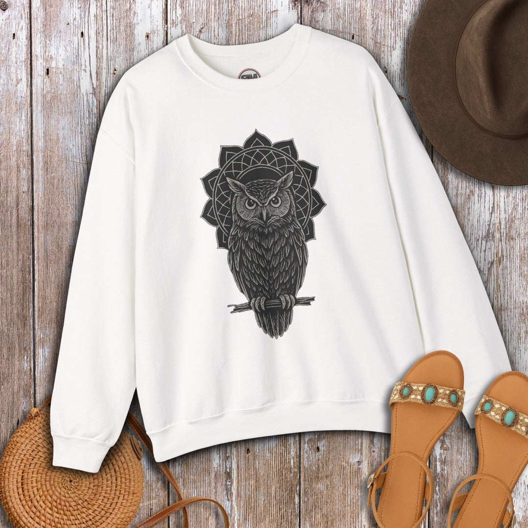 Boho Mandala Owl Sweatshirt – Mystic Line Art Owl Pullover, Witchy Bohemian Top, Spiritual Owl Graphic Jumper Printify