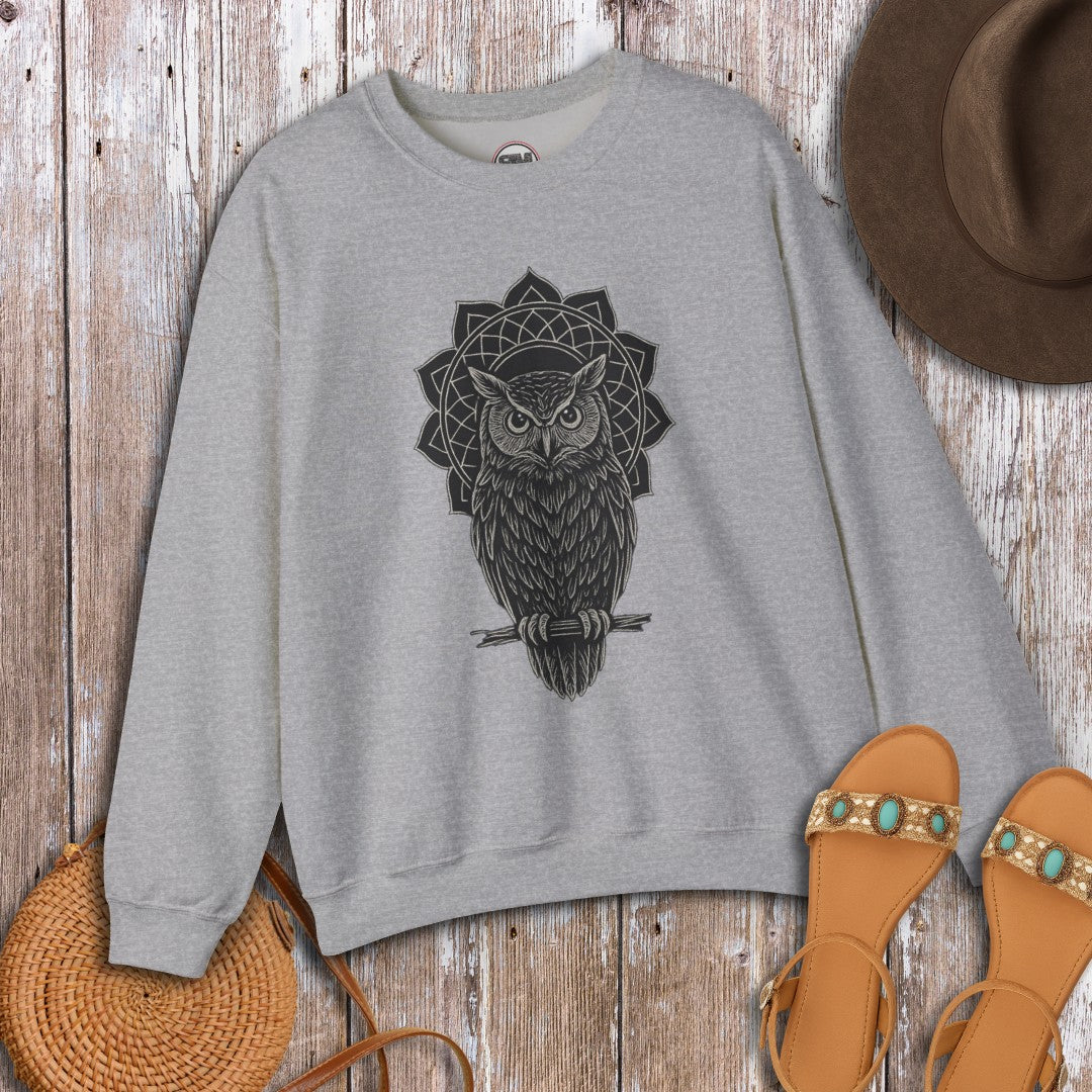 Boho Mandala Owl Sweatshirt – Mystic Line Art Owl Pullover, Witchy Bohemian Top, Spiritual Owl Graphic Jumper Printify