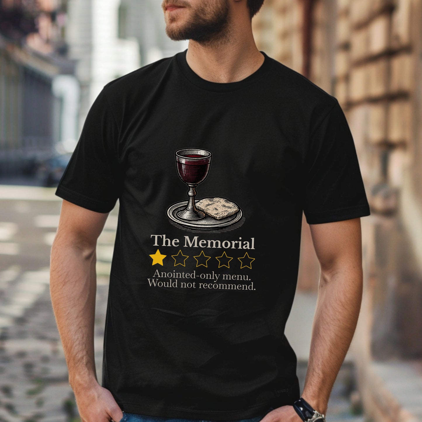 ExJW Memorial Parody T-Shirt – Funny JW Review Tee with Bread and Wine