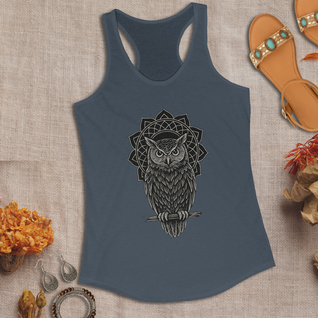 Witchy Boho Owl Mystic Line Art Mandala Tank Top Printify
