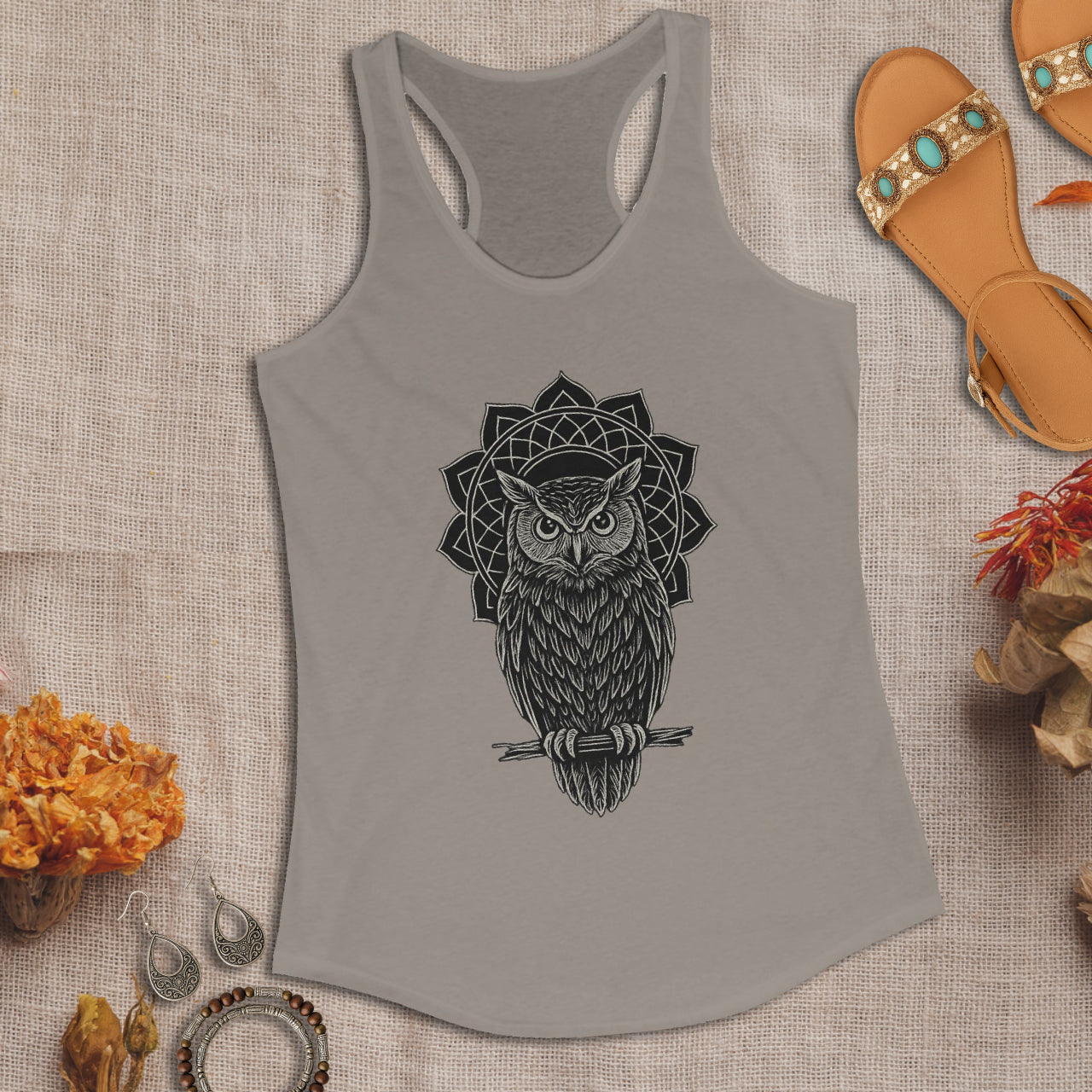 Witchy Boho Owl Mystic Line Art Mandala Tank Top Printify