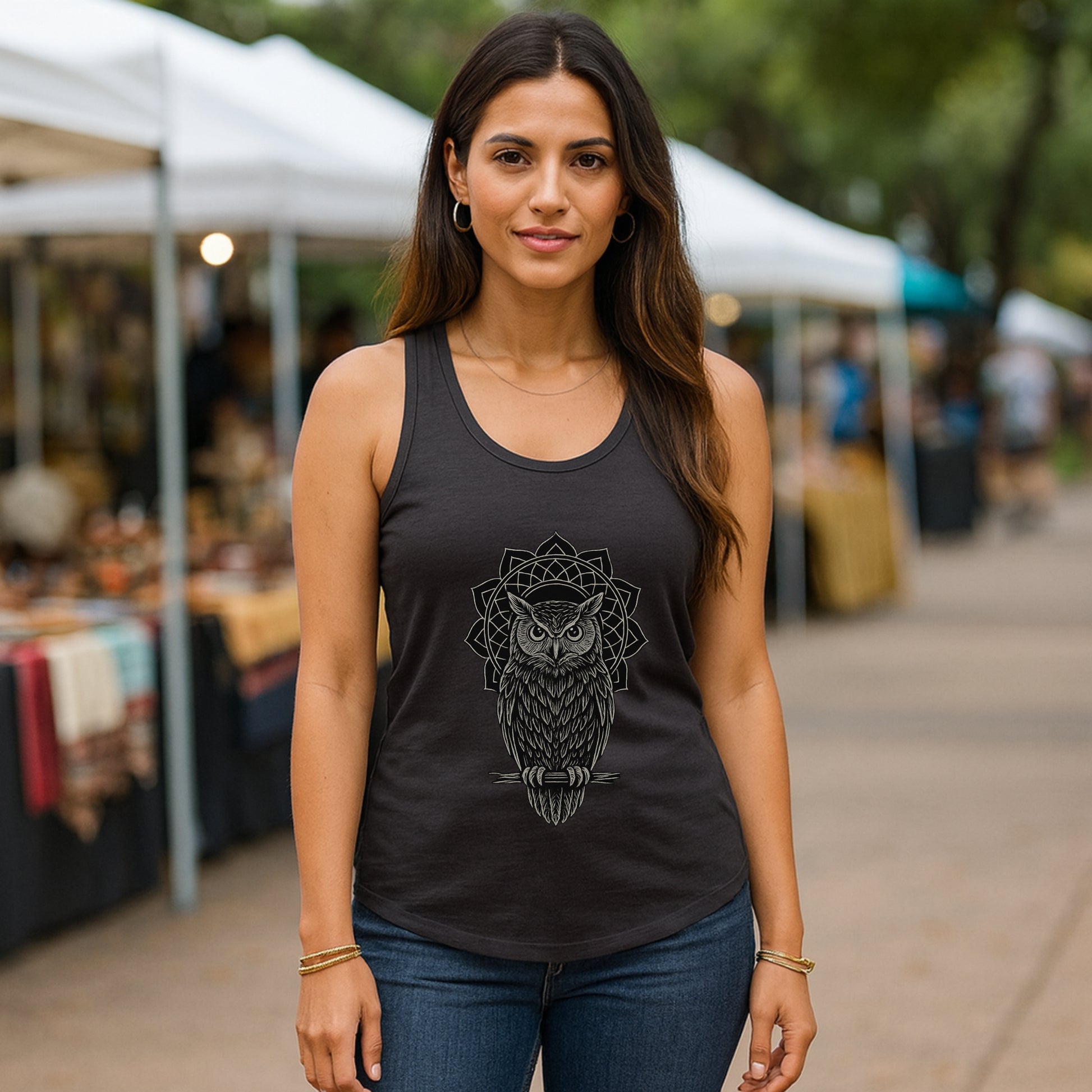 Witchy Boho Owl Mystic Line Art Mandala Tank Top Printify