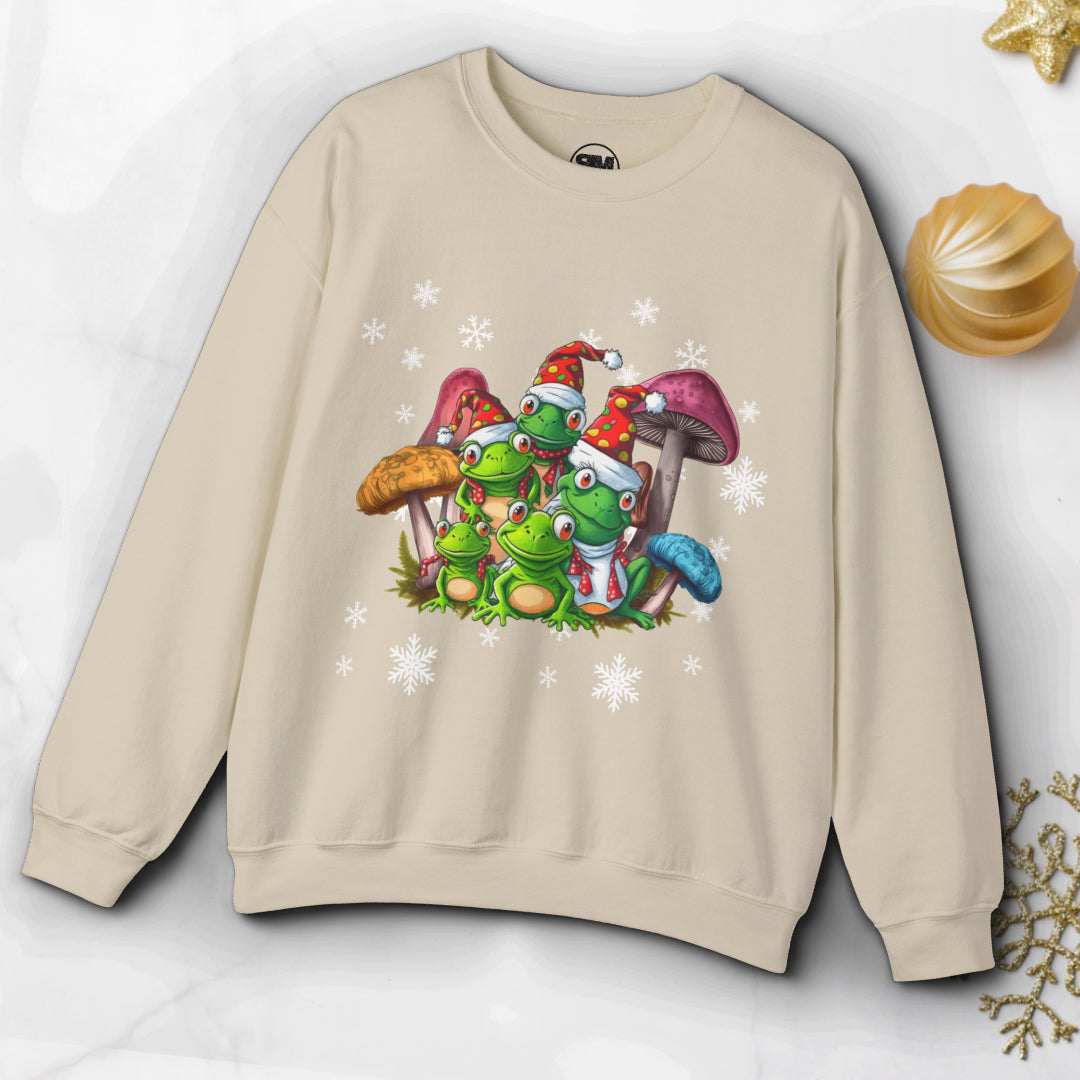 Beige sweatshirt with cartoon frogs and mushrooms design on a white background
