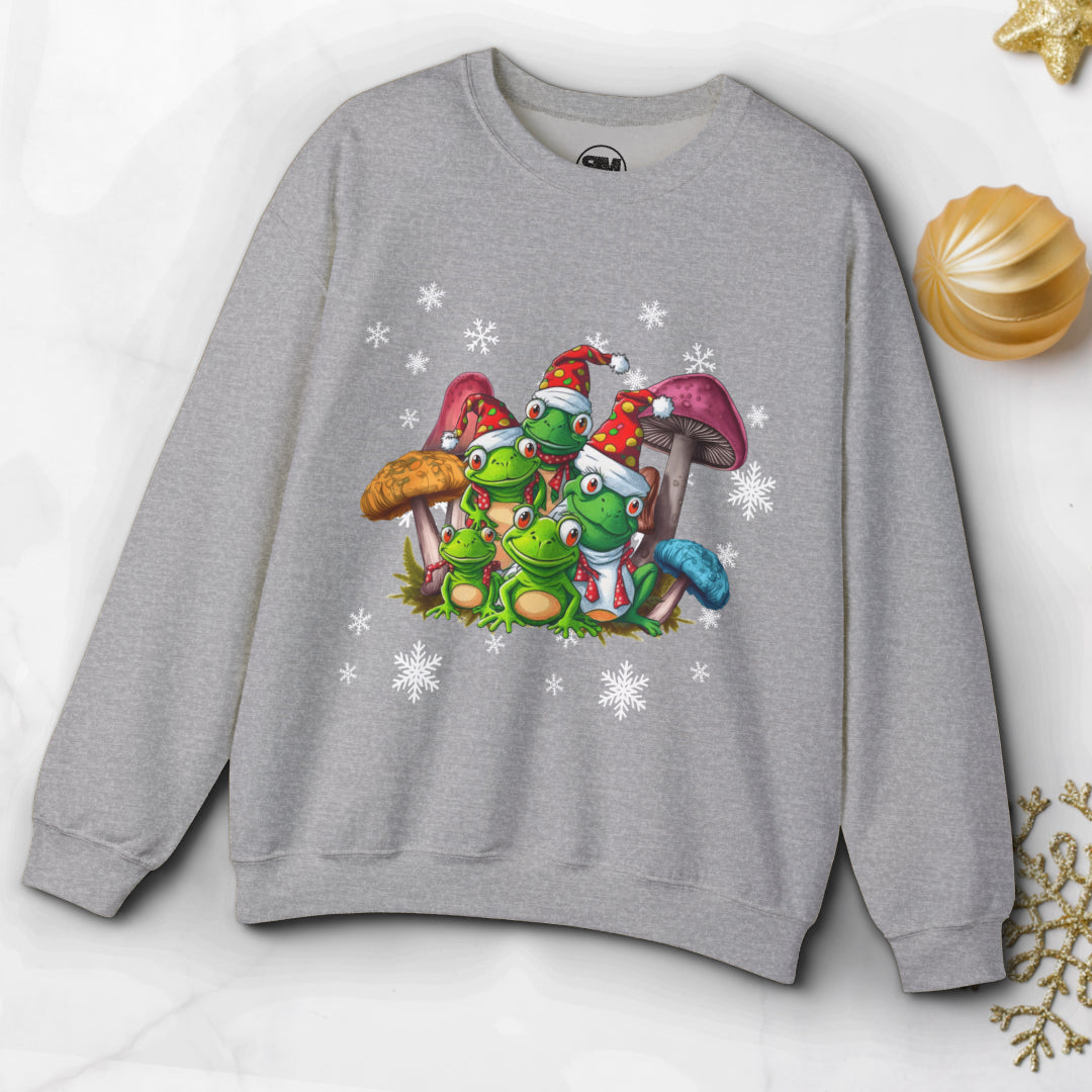 Gray sweatshirt with cartoon frogs and mushrooms design on a white background
