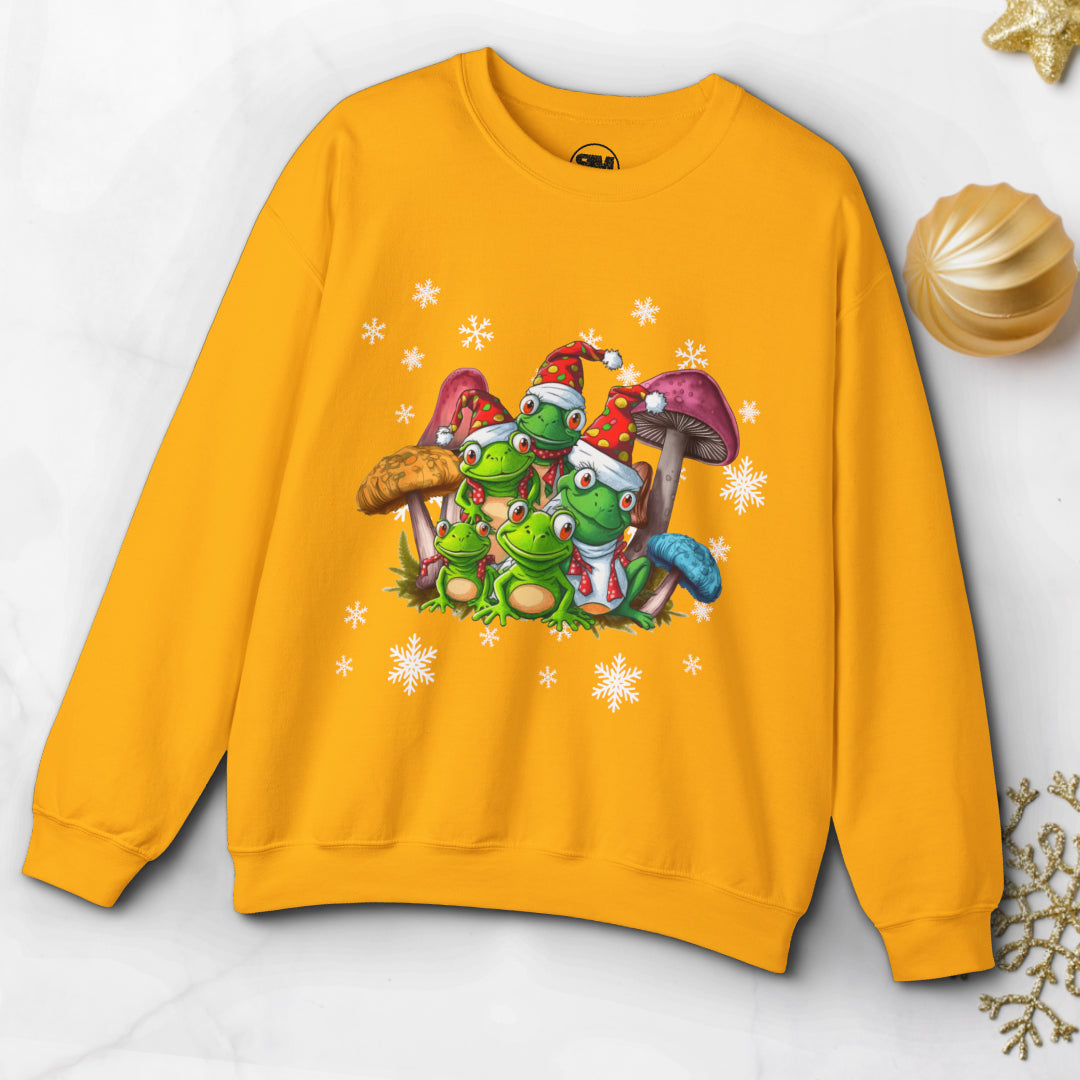 Yellow sweatshirt with cartoon frogs and mushrooms design on a white background
