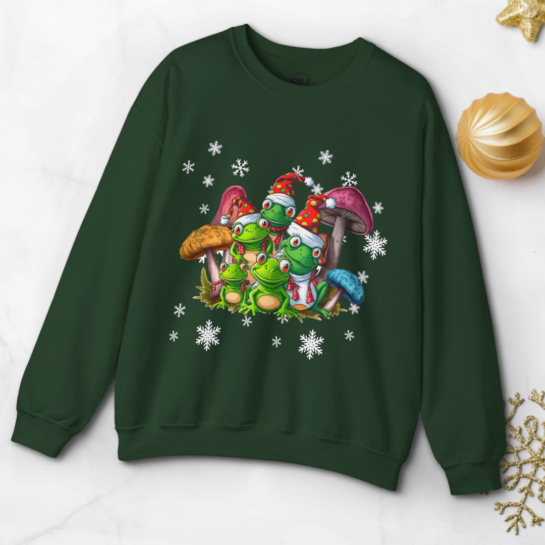 Green sweatshirt with cartoon frogs and mushrooms design on a white background
