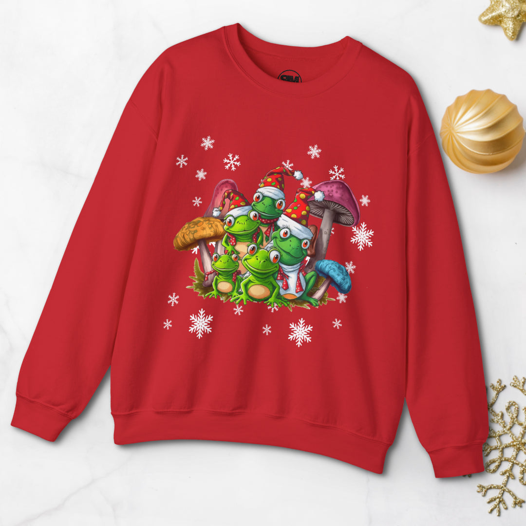 Red sweatshirt with Christmas-themed design featuring frogs and mushrooms on a white background.
