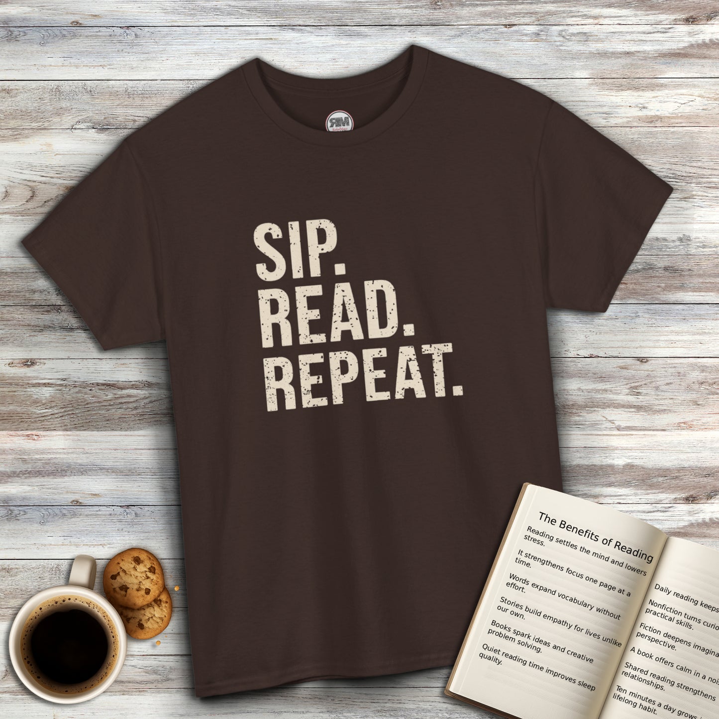 Sip Read Repeat Book Lover Casual Tee Printify