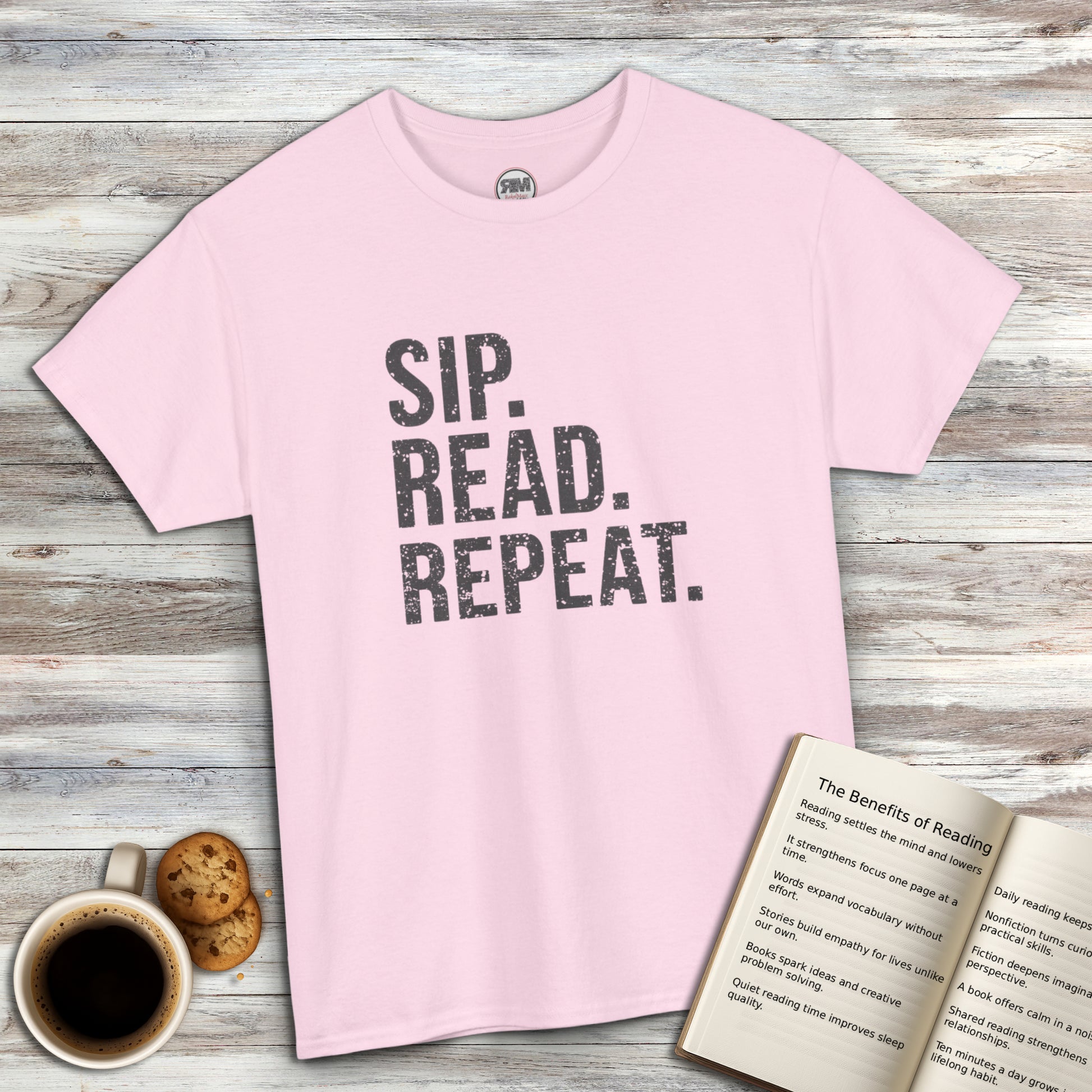Sip Read Repeat Book Lover Casual Tee Printify
