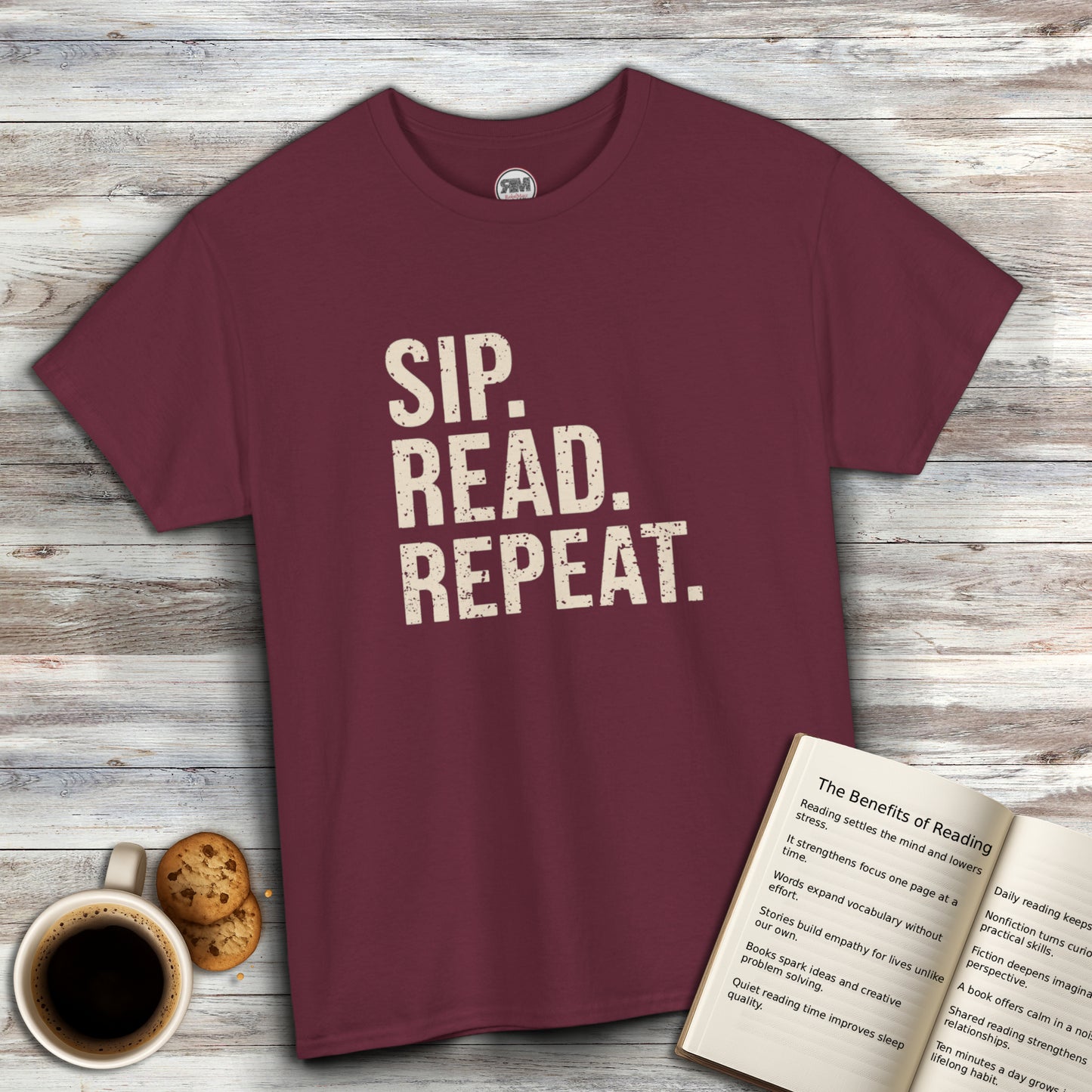 Sip Read Repeat Book Lover Casual Tee Printify