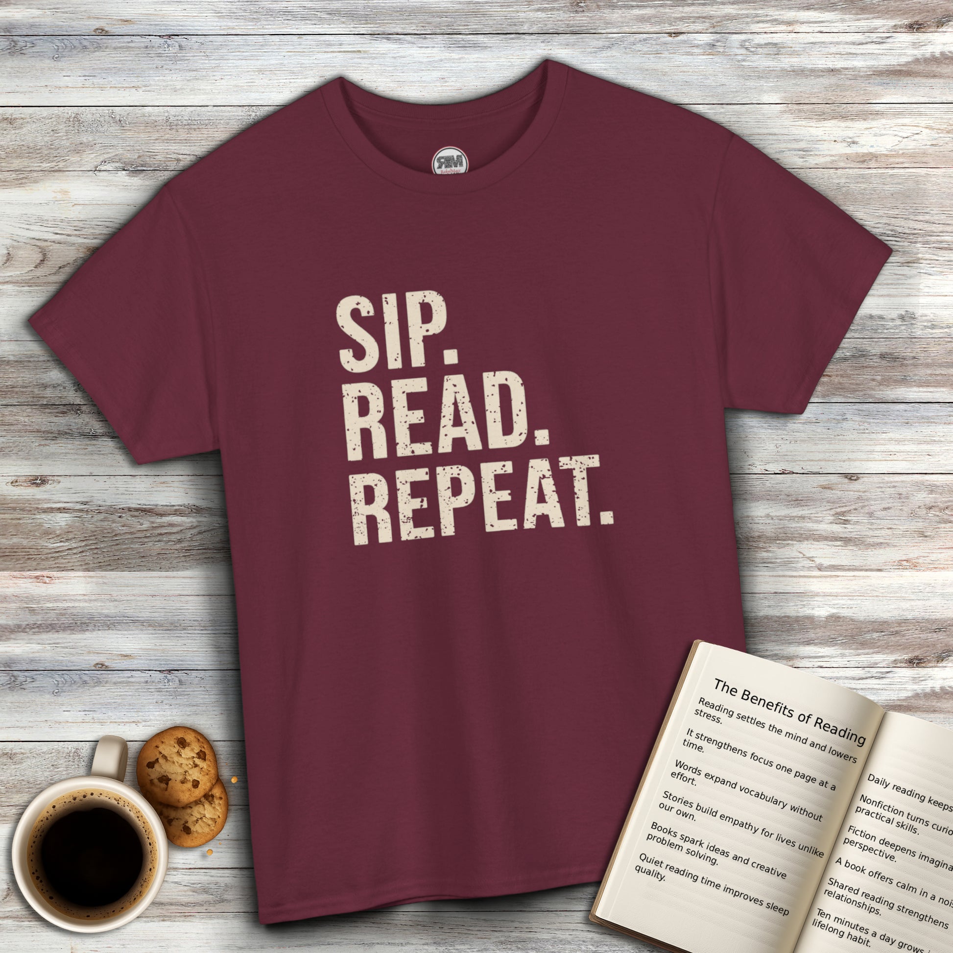 Sip Read Repeat Book Lover Casual Tee Printify