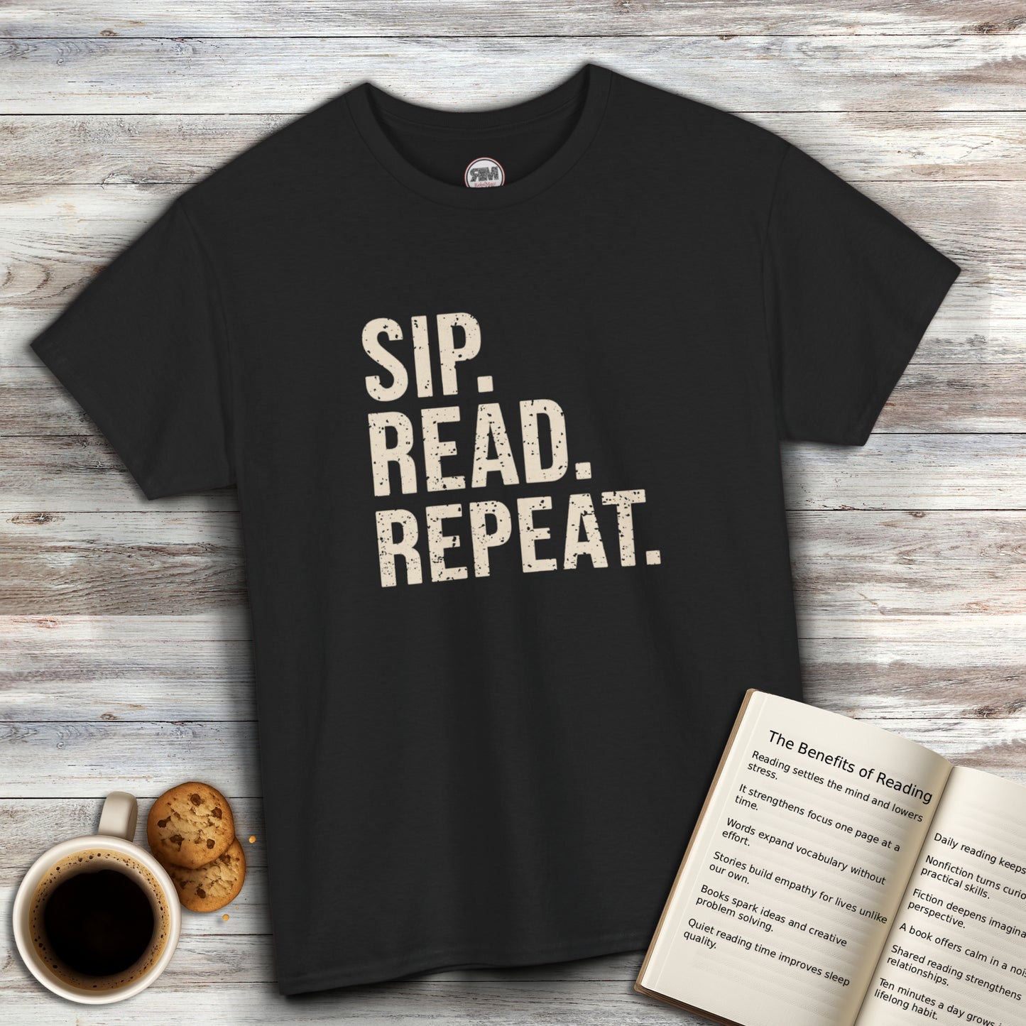 Sip Read Repeat Book Lover Casual Tee Printify