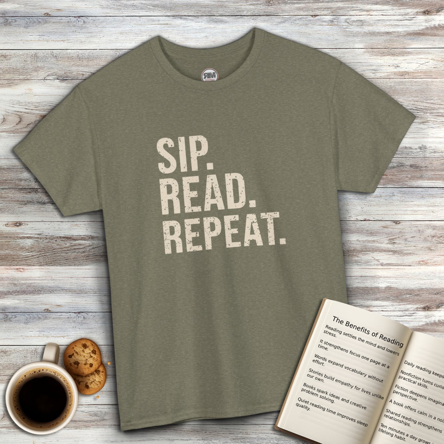 Sip Read Repeat Book Lover Casual Tee Printify