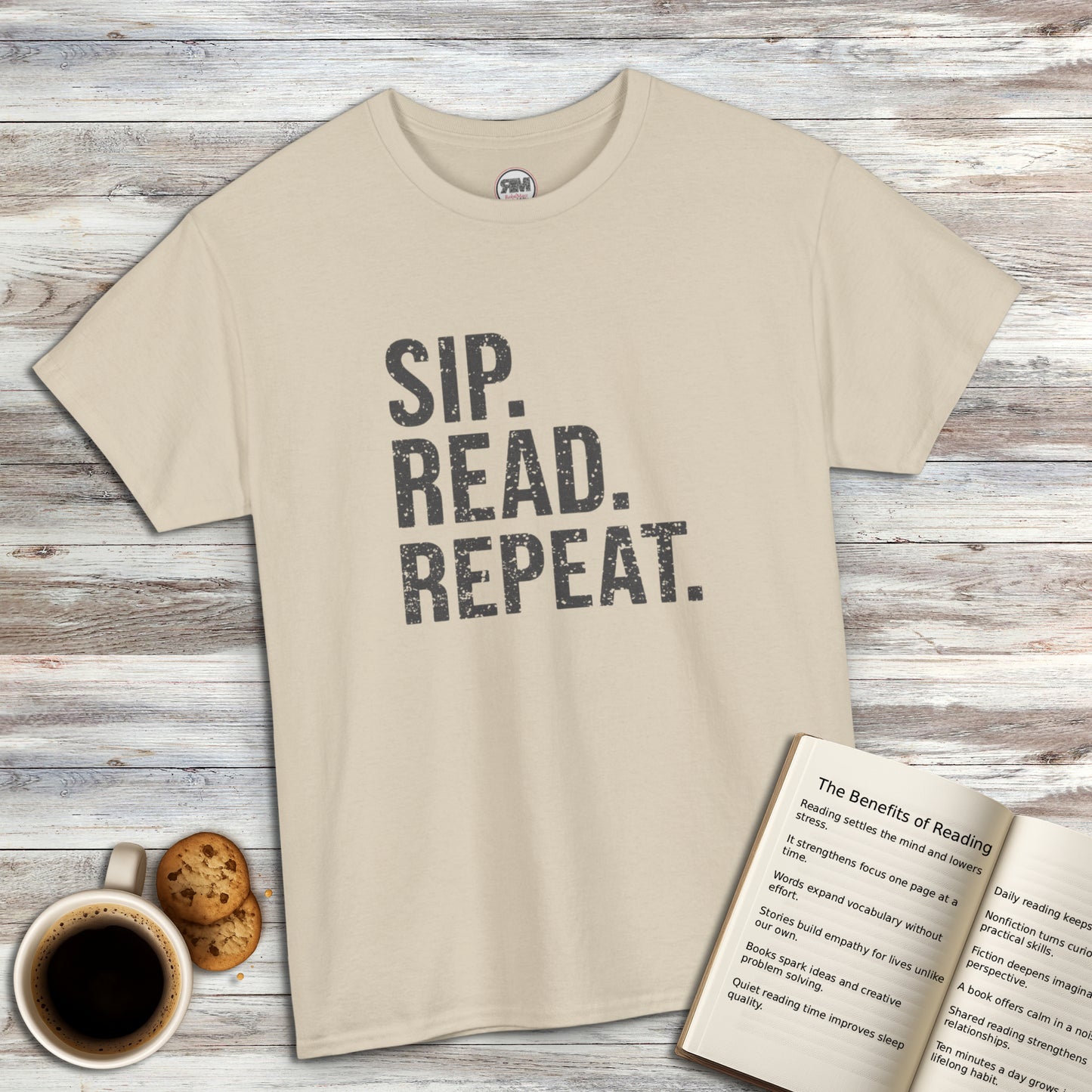 Sip Read Repeat Book Lover Casual Tee Printify