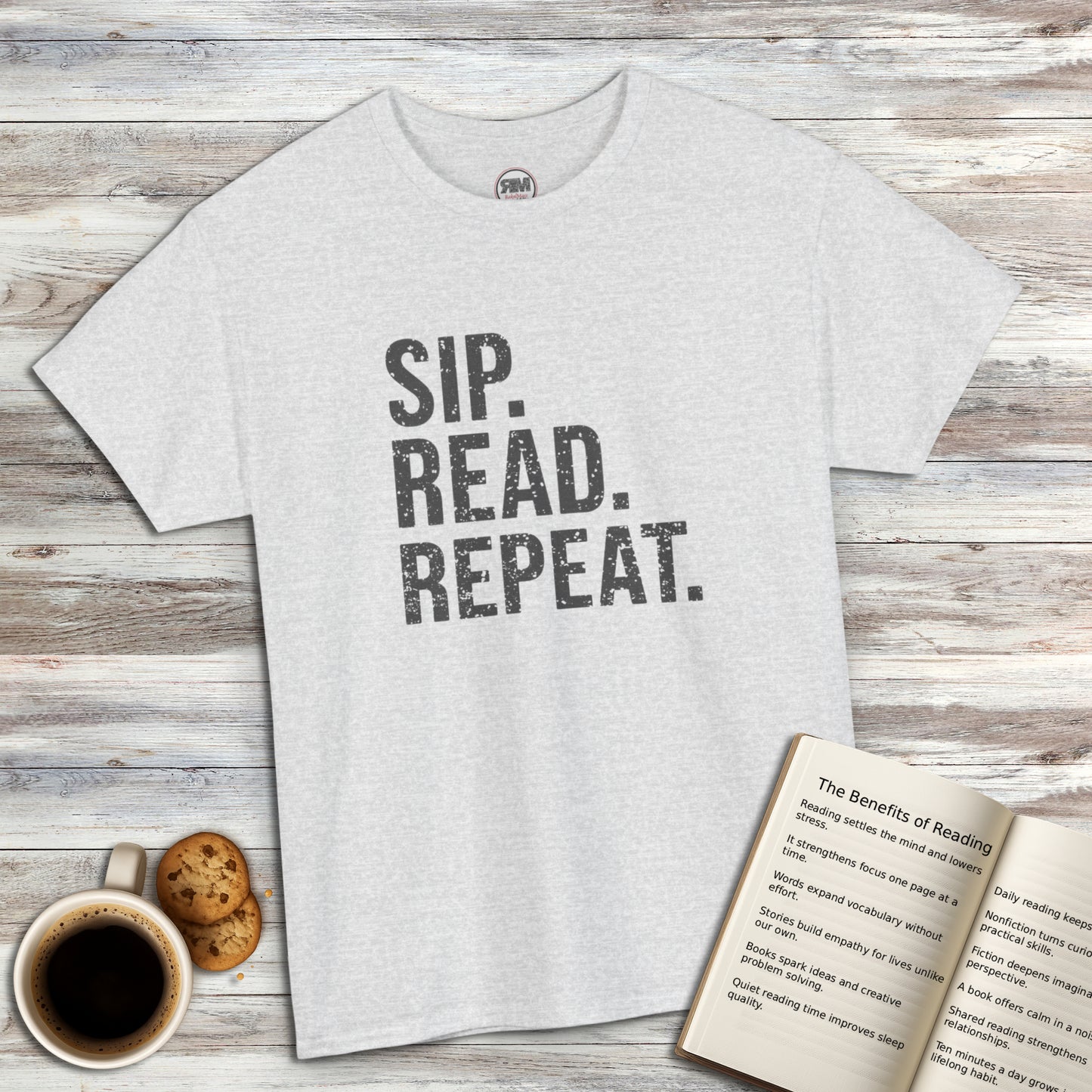 Sip Read Repeat Book Lover Casual Tee Printify